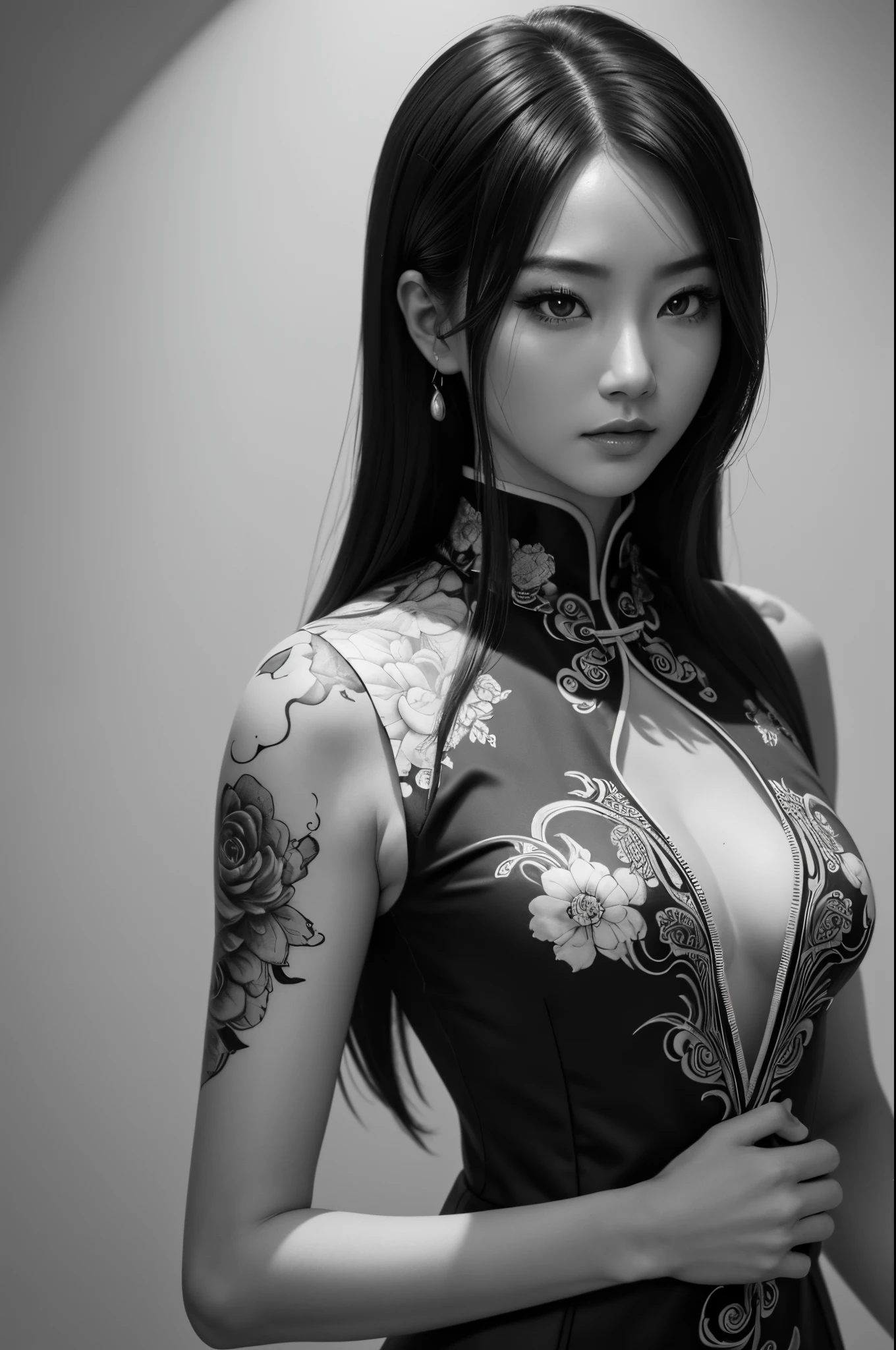 (best quality,4k,8k,highres,masterpiece:1.2),ultra-detailed,(realistic,photorealistic,photo-realistic:1.37),Chinese-style bespoke suit gown,Yakuza girl,backlit,deep shadows,cat silhouette light,dominant cat perched on shoulder,minimalistic and elegant gown,captivating suit design,minimalist style,black and white contrasting Yin-Yang style ink painting background.