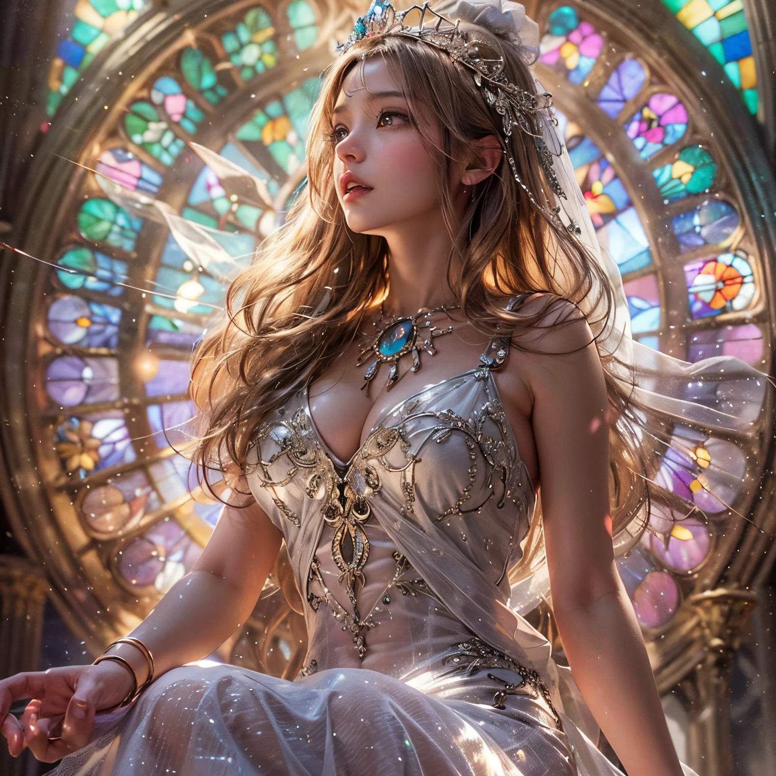 from below:1.2, (((masutepiece:1.35))), (((8K,Acutance))), (((hight resolution))), surrealism, god rays, Zoom Layer, (((photorealistic:1.37))), F/4.0, canon, Detailed glistening skin,Detailed face, Detailed eyes, Beautiful bride goddess, Princes Tiara, delicate lace knitted see-through wedding dresses, Mystical sight, ((Light shines through stained glass:1.2)), Gigantic Cleavage:1.37, Overflowing, Biomechanical HUGE and HEAVY boob, (navel), (brilliant simple ruby accessories), { ((correct hands))|((hidden hands)) }