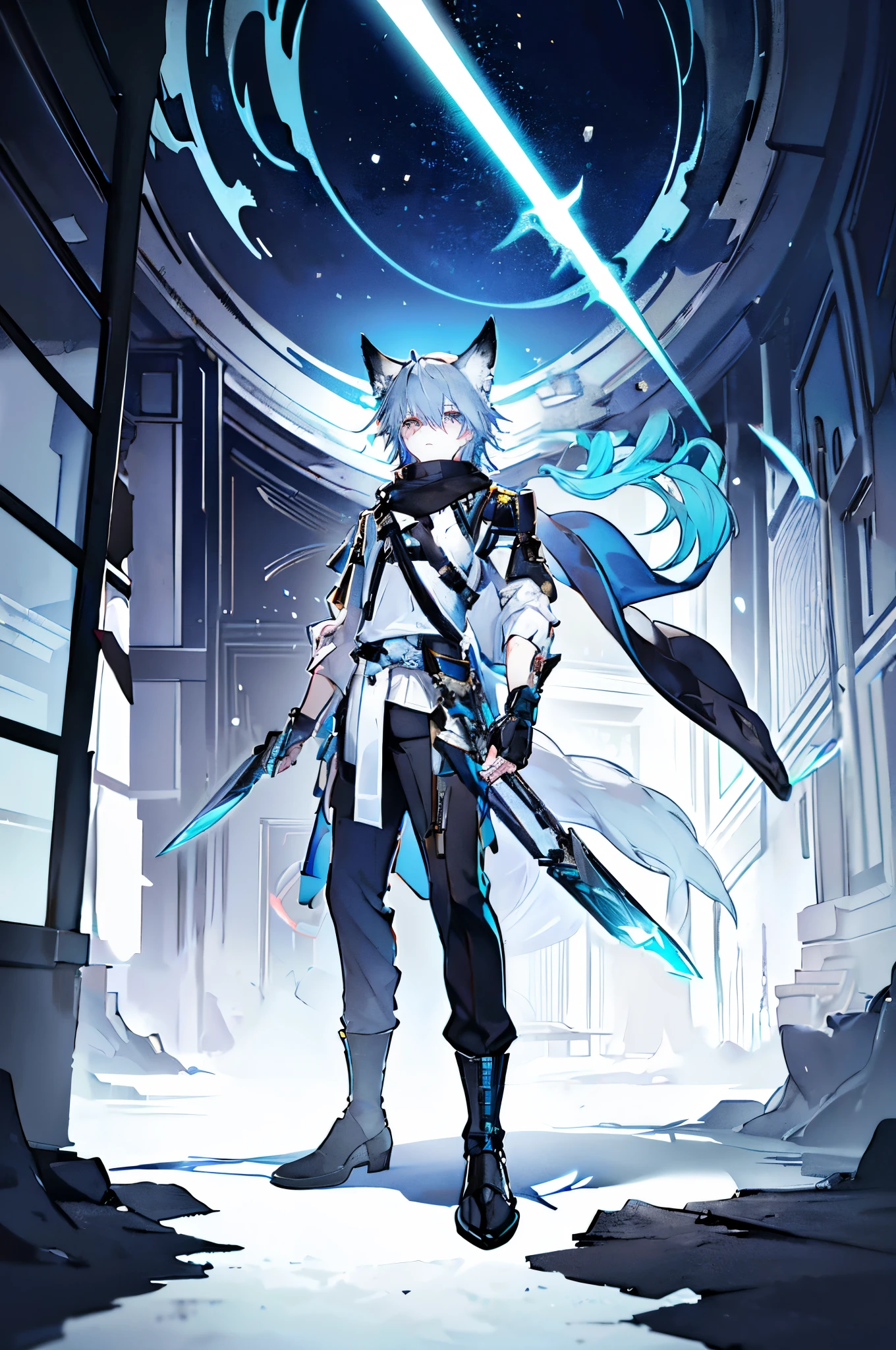 expressive eyes, perfect face, 1boy, solo, (light shade hair, fox tail, fox ears, light blue grey hair, pale light blue gray hair, pale blue hair, bluish cyan hair), azure eyes, young boy, short bangs, big eyes, fox tail, arknights design, Himalayan scarf, Scandinavian tunic, boots, knives, knives on both hands, daggers on both hands, front facing, daggers, big eyes, pants, black pants, dual wielding