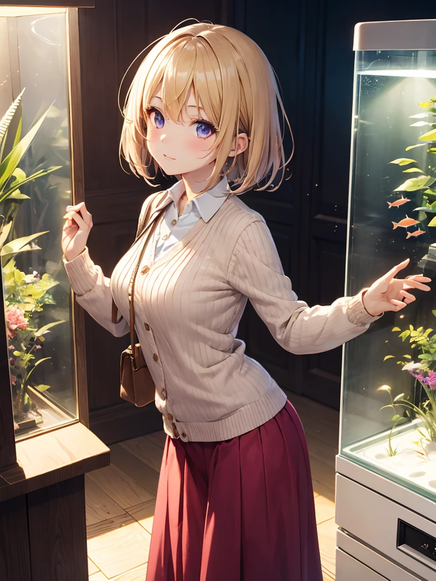 masterpiece, absurdres, best quality, ultra detailed, high Resolution, bright colour, extremely beautiful detailed anime face and eyes, (sfw), 1girl, (loli), cute face, detailed face, magenta eyes, cute eyes, sparkling eyes, big eyes, medium breasts, perky breasts, pointy breasts, medium hips, glamorous body, White skin, Surprised, BREAK, long bob cut, (blonde hair:0.8), messy hair, detailed hair, Shiny hair, BREAK Cardigan, Ribbed knit sweater, long skirt, tiny ribbon, bag, casual style, date, aquarium, standing, looking fish in tank, fish, from side, real world, natural lights, perfect lighting,