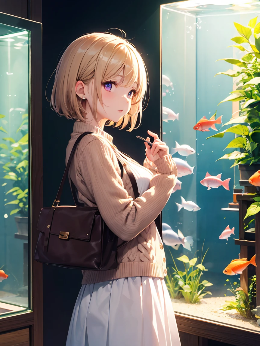 masterpiece, absurdres, best quality, ultra detailed, high Resolution, bright colour, extremely beautiful detailed anime face and eyes, (sfw), 1girl, (), cute face, detailed face, magenta eyes, cute eyes, sparkling eyes, big eyes, medium breasts, perky breasts, pointy breasts, medium hips, glamorous body, White skin, Surprised, BREAK, long bob cut, (blonde hair:0.8), messy hair, detailed hair, Shiny hair, BREAK Cardigan, Ribbed knit sweater, long skirt, tiny ribbon, bag, casual style, date, aquarium, standing, looking fish in tank, fish, from side, real world, natural lights, perfect lighting,