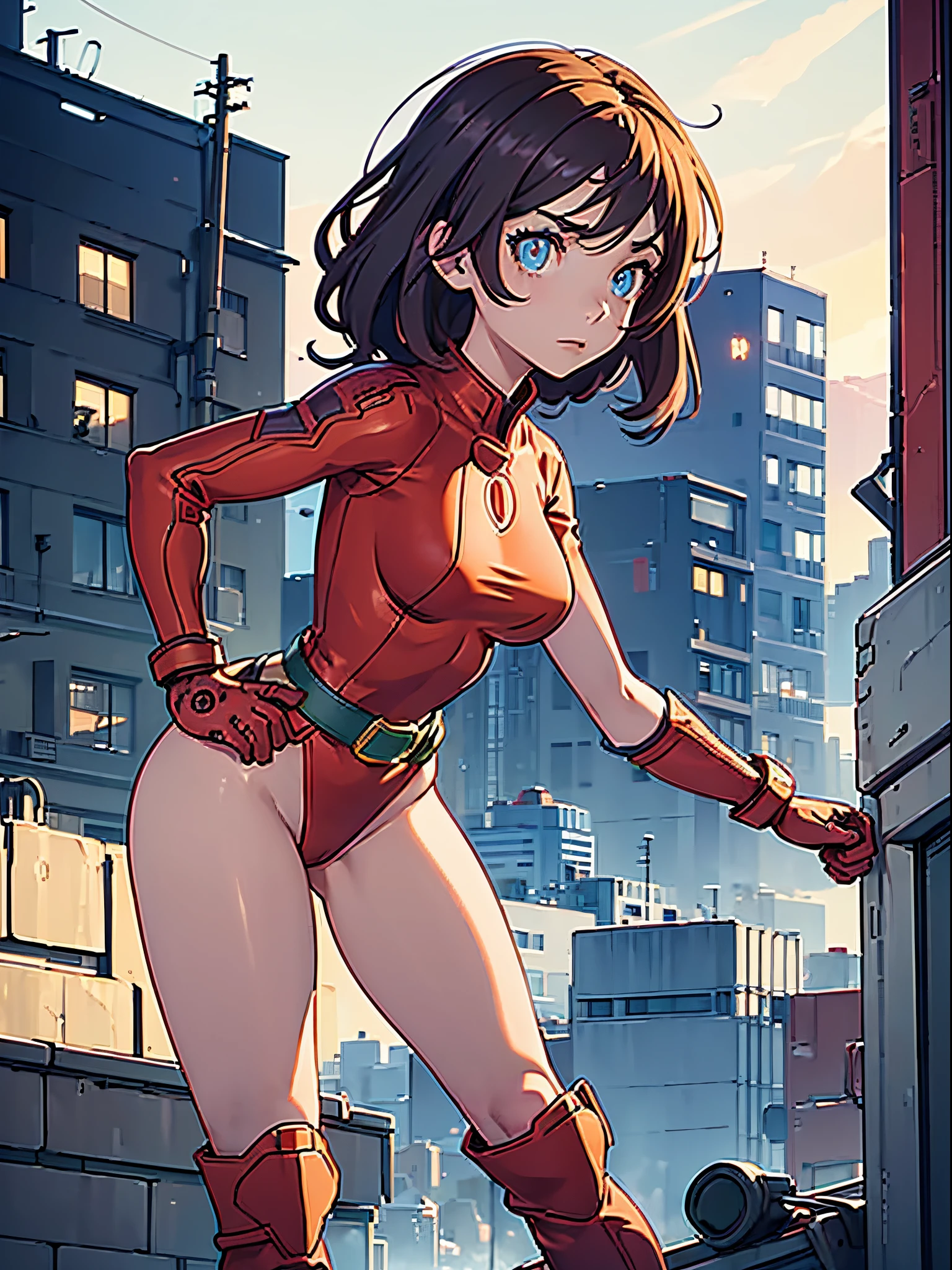 1girl, medium breasts, leotard, red and green leotard, bare legs, gloves, boots, belt, superhero, standing, hands on hip, city backdrop, (beautiful detailed eyes:1.6), (perfect hands, perfect anatomy)