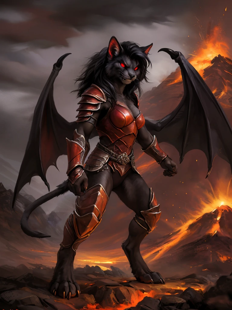 highres, grey werecat, furry, (anthro human cat), furry female, (grey body), black mane, black hair, (full body), fighting, ready to attack, (angry), (menacing), bloodthirsty, crazy, Elder Scrolls 5, skyrim, (seductive), (charming), (red light armor), massice biceps, wide waist, Broad shoulders, Strong thighs, ((demon wings)), (cat ears), (overcast), darkness, shadow, dust, dark sky, volcano, black basalt, (magma), (no pupils), (glowing red eyes), solo, horror core, red theme, dark, female, tojo the thief, kenket, chunie, darkgem, anthro, ((detailed face)), (ruinlack fur), detailed realistic painting, night, (ultra detailed), detailed background, digitigrade, The very detailed, depth of field, unreal engine, (masterpiece), anatomically correct, expressive, epic setting,