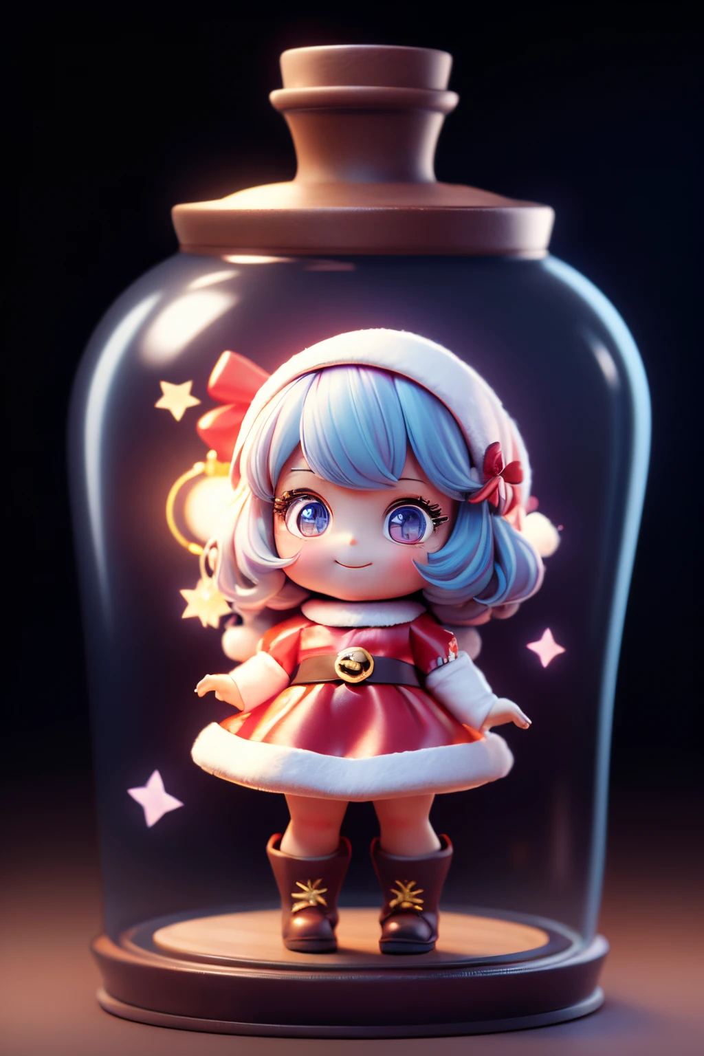 ((top-quality))、 ((​masterpiece))、A chibi doll trapped in a magic jar、Cute girl dressed as Santa Claus and doll present、Hoshino　tenderness、A smile、Chibi Doll、Stars in the eyes（kirakira）、Eye Up、Laugh、cute red choconitide, Ultra Detail, radiant light、bio luminescent、Taken from the side、Stronger bokeh effect