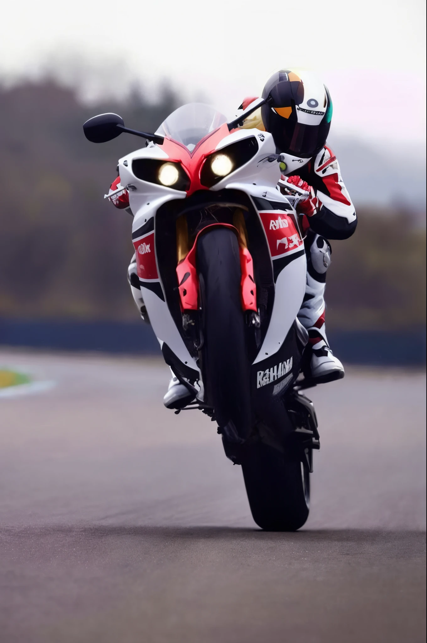 arafed motorcycle rider on a motorcycle on a race track, wheelie, motorbiker, motorcycle, motorbike, motorcycles, 🚿🗝📝, riding a motorbike, happy!!!, riding a motorcycle, dynamic!!, big!!!!!!!!!!!!, no helmet!!!!, photorealistic!!!!!, !! very coherent!!, akira moto, wow!!!!!!, masterpiece!!, very beautiful masterpiece
