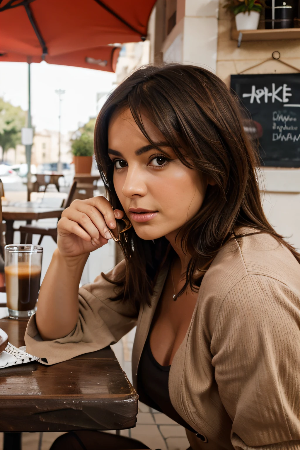 Brune with stress prenant a coffee.