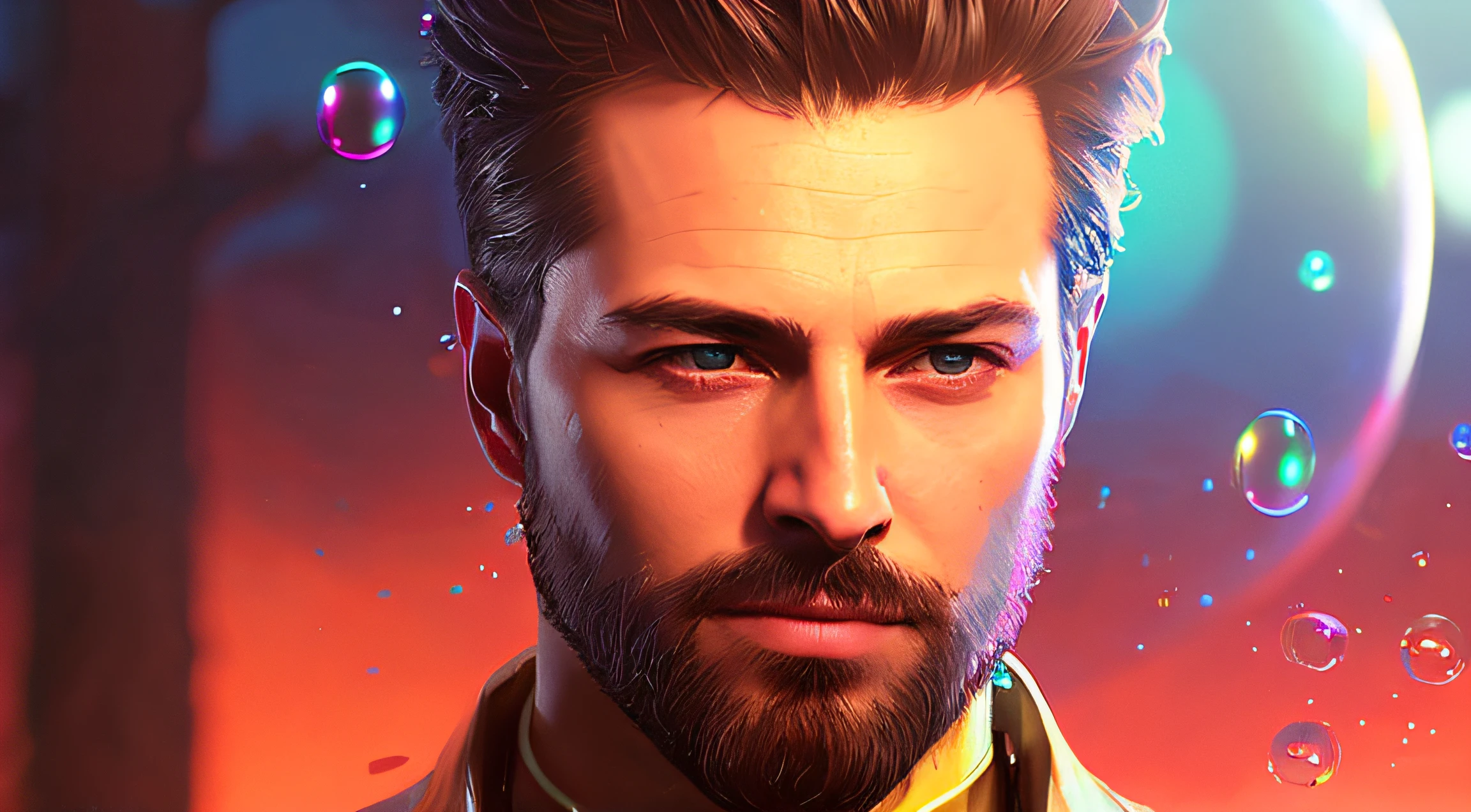 Drunk style,One guy,Short hair detail slim fit suit,(closeup of face,Close-up cleavage),Do not wear glasses,No beard,walking in the wilderness,(Colored soap bubbles that create hallucinations), Provided by Jeremy Mann, Punk rock, high detal, 4K, real time transmission