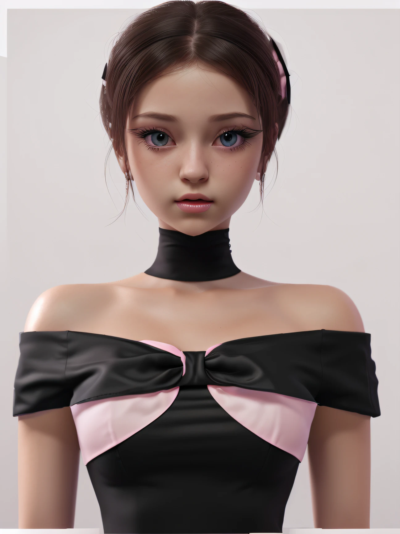 masterpiece, best quality, one girl, black out fit and pink bow , game cg, detailed, white background