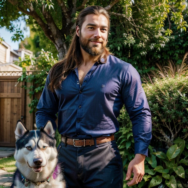 (a handsome man with a beard,clear eyes,standing beside a purebred husky dog), oil painting, vibrant colors, detailed facial features, flowing hair, charming smile, stylish clothing, confident posture, lush garden background, warm sunlight, realistic textures, high-resolution masterpiece:1.2