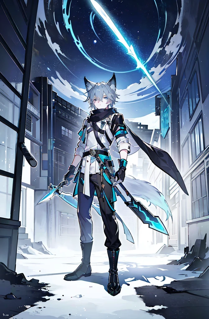 expressive eyes, perfect face, 1boy, solo, (light shade hair, fox tail, fox ears, light blue grey hair, pale light blue gray hair, pale blue hair, bluish cyan hair), azure eyes, young boy, short bangs, big eyes, fox tail, arknights design, Himalayan scarf, Scandinavian tunic, boots, knives, knives on both hands, daggers on both hands, front facing, daggers, big eyes, pants, black pants, dual wielding