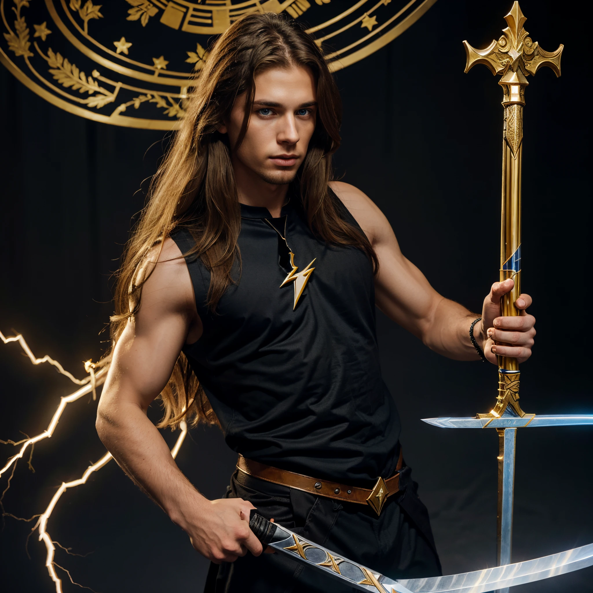 A long golden and blue eyed haired young handsome celestial boy holding a black lightning sword by its hilt
