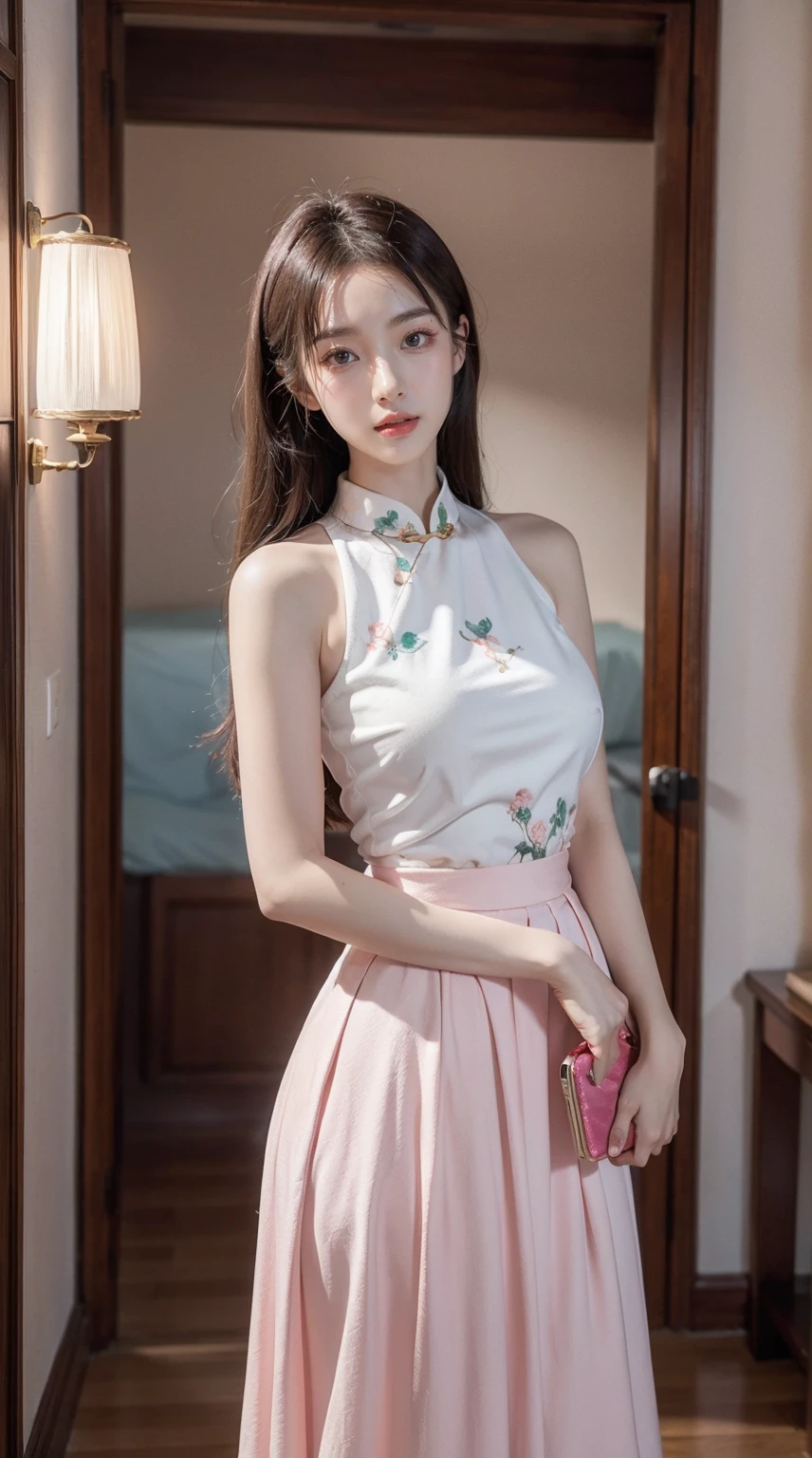 Seven-doppelganger shooting,cropped shoulders,short skirt,A woman in oriental clothing stands in a room with decorations,long skirt,fully body photo,in a panoramic view, light sky blue and pink style, Cute and dreamy,light beige and, retro academia, elegant white outfit, white and emerald green, light whiight style, light pink and light gold, retro academia, chinapunk, embroidery, Loose and fluid style, Luminous quality, Influenced by ancient Chinese art, Best quality colorful clothes,4K,8K,A high resolution,tmasterpiece:1.2),ultra - detailed,(actual,realistically,realistically:1.37),(8K, RAW photos, Best quality, tmasterpiece:1.2), (realistically, actual:1.4), (profesional lighting, 电影灯光, gentlesoftlighting, bright:1.2),Exquisite, ultra - detailed, The beautiful, Extremely detailed eyes and face