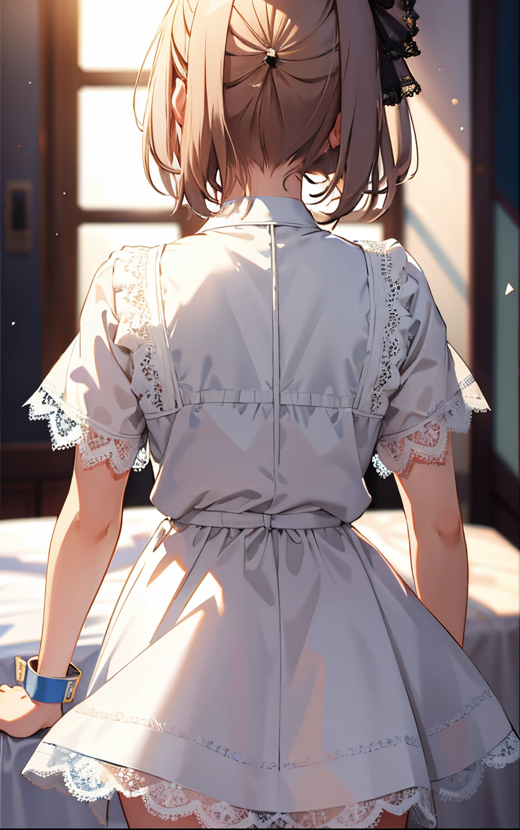 (masterpiece:1.2), best quality, highres, original, (extremely detailed:1.2), ultra-detailed, wallpaper, perfect lighting,(extremely detailed CG:1.2), 8k, anime illustration, HD, 1girl, solo, cute style outfit, short hair, (white dress, knee-length dress, short sleeves:1.22), (lace hemline:1.3), {delicate|thin}rope ribbon on the cuffs, bowknot on waistband:1.3), ({detailed|delicate}fabric:1.2), from behind, close-up, back-angle, unity 4k