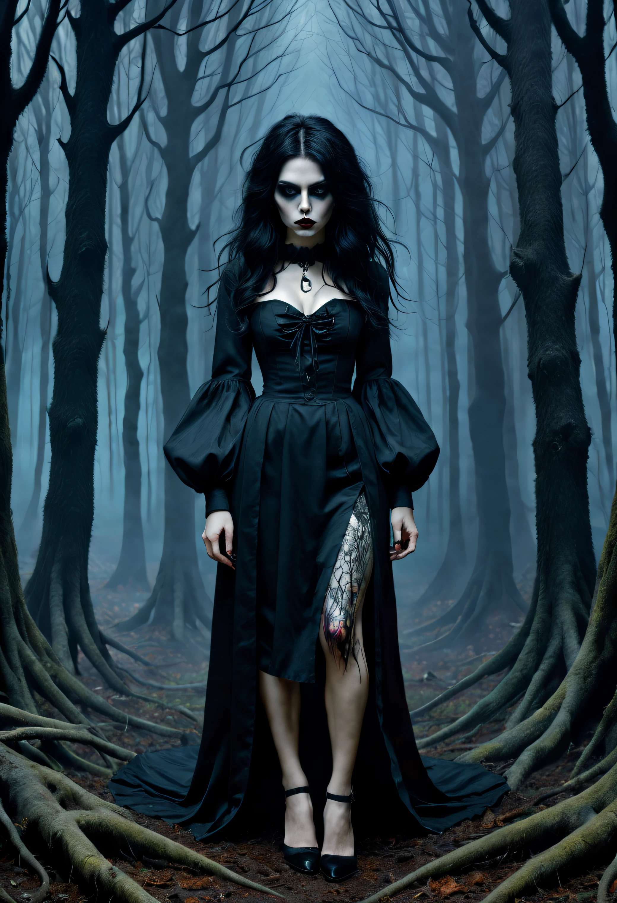 full length, very beautiful young mistress of your worst nightmares with black tousled hair, goth makeup, horror dark forest((Isao-Andrews style)), ((oil painting / canvas)), Bosch surrealism, very dark colorful, 極端なディテール, extreme details, ((tmasterpiece)), high key, ((Single Shot)), Impression, 極端なディテール, perspective, 8K