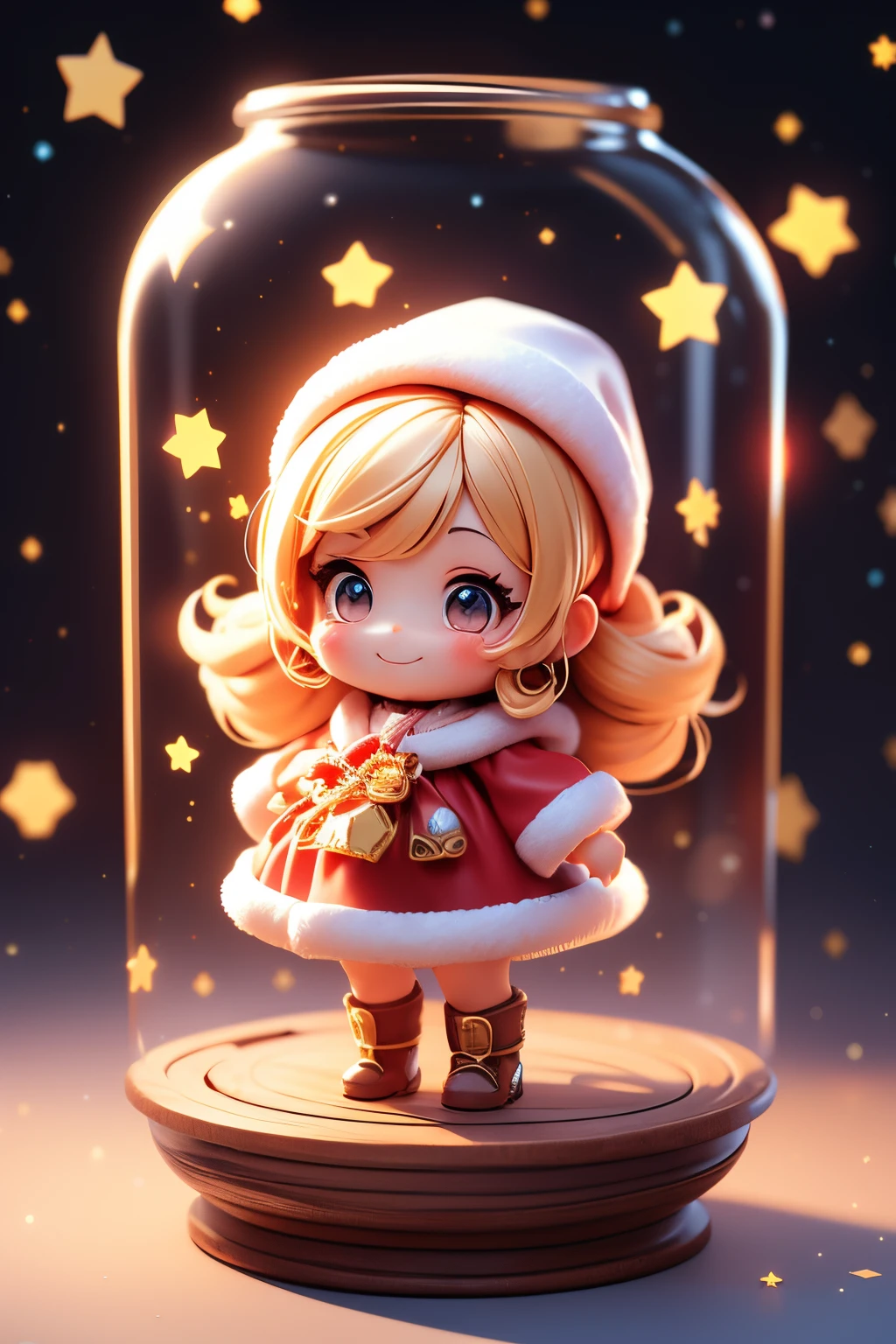 ((top-quality))、 ((​masterpiece))、A chibi doll trapped in a magic jar、Cute girl dressed as Santa Claus and doll present、Hoshino　tenderness、A smile、Chibi Doll、Stars in the eyes（kirakira）、Eye Up、Laugh、cute red choconitide, Ultra Detail, radiant light、bio luminescent、Taken from the side、Stronger bokeh effect