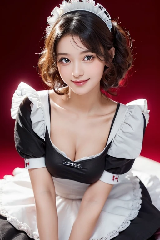 (1ung girl), Brown hair, Amazing face and eyes, Pink eyes, enchanting smile, (Maid cafe costume with frills, Pleated mini-skirt:1.5), (Maid cafe costume with wide open breasts:1.2), (Beautiful big breasts:1.3), bared chest, (amazingly beautiful girl), Brown hair, stylish hair ornament, (Best Quality:1.4), (Ultra-detailed), (extremely detailed CG unified 8k wallpaper), Highly detailed, High-definition raw color photos, Professional Photography, sitting, sofa, (spread legs wide open), (no panties:1.5), (((Bokeh))), depth of fields, (View from below),