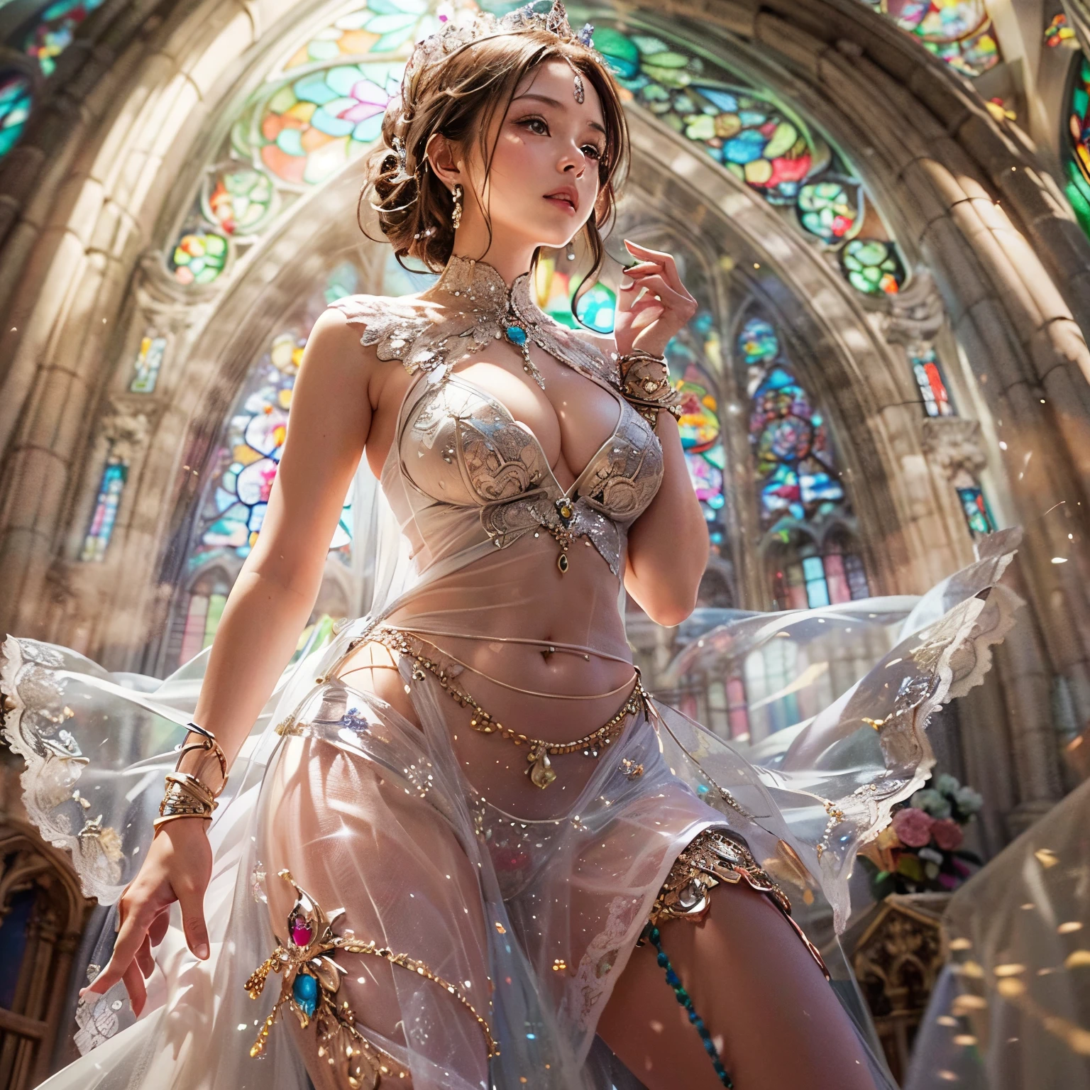 from below:1.2, (((masutepiece:1.35))), (((8K,Acutance))), (((hight resolution))), surrealism, god rays, Zoom Layer, (((photorealistic:1.37))), F/4.0, canon, Detailed glistening skin,Detailed face, Detailed eyes, Beautiful bride goddess, Princes Tiara, delicate lace knitted see-through wedding dresses, Mystical sight, ((Light shines through stained glass:1.2)), Gigantic Cleavage:1.37, Overflowing, Biomechanical HUGE and HEAVY boob, (navel), (brilliant simple ruby accessories), { ((correct hands))|((hidden hands)) }