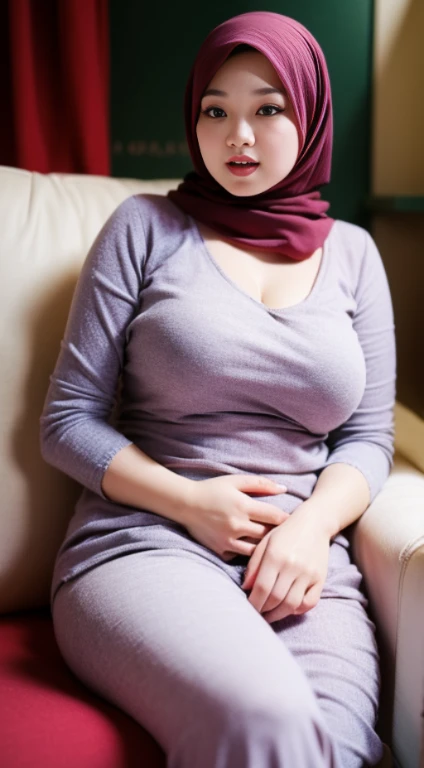 hot harem cartoon, chubby mature woman, wearing a hijab, wearing sexy lingerie, big full breasts, good quality, ultra details, good clear picture quality