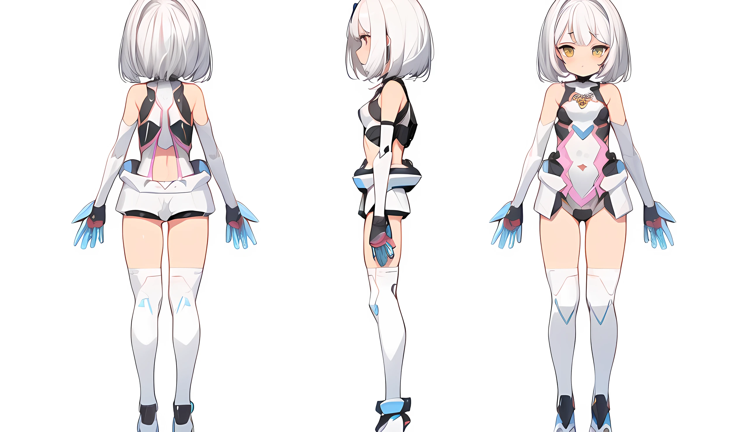 [(NO BACKGROUND:1.5),::5] (chara-sheet, WHITE BACKGROUND:1.5), [(mecha musume:1.5)::,5] (tight armor:1.5), (loli:1.5), [(SYMETRICAL:1.5),::5] standing, (default pose:1.5), (1girl:1.5), solo, (loli:1.4), full body, small breasts, short hair, looking at viewer, (modern, contemporary, futuristic:1.4), solo, full body, masterpiece, solo, beautiful, detailed eyes, detailed face, (white clothes:1.2), (blue stripes:1.3), (white hair:1.4), (cyberse:1.4), (loli:1.3), absurdres, ultra-detailed, masterpiece, highres, 4k, high quality, digital art, sparkling eyes, (thigh:1.3), (small breasts:1.4), short hair, (bare arms, bare hands:1.4), (navel cutout:1.3), navel, (character sheet:1.5), (turnaround:1.5), (concept art:1.5)