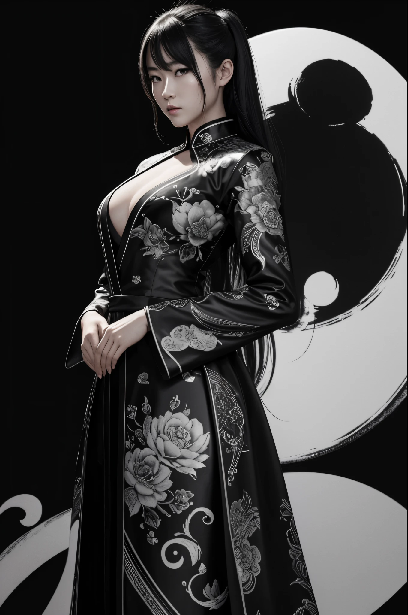 (best quality,4k,8k,highres,masterpiece:1.2),ultra-detailed,(realistic,photorealistic,photo-realistic:1.37),Chinese-style bespoke suit gown,Yakuza girl,backlit,deep shadows,cat silhouette light,dominant cat perched on shoulder,minimalistic and elegant gown,captivating suit design,minimalist style,black and white contrasting Yin-Yang style ink painting background.