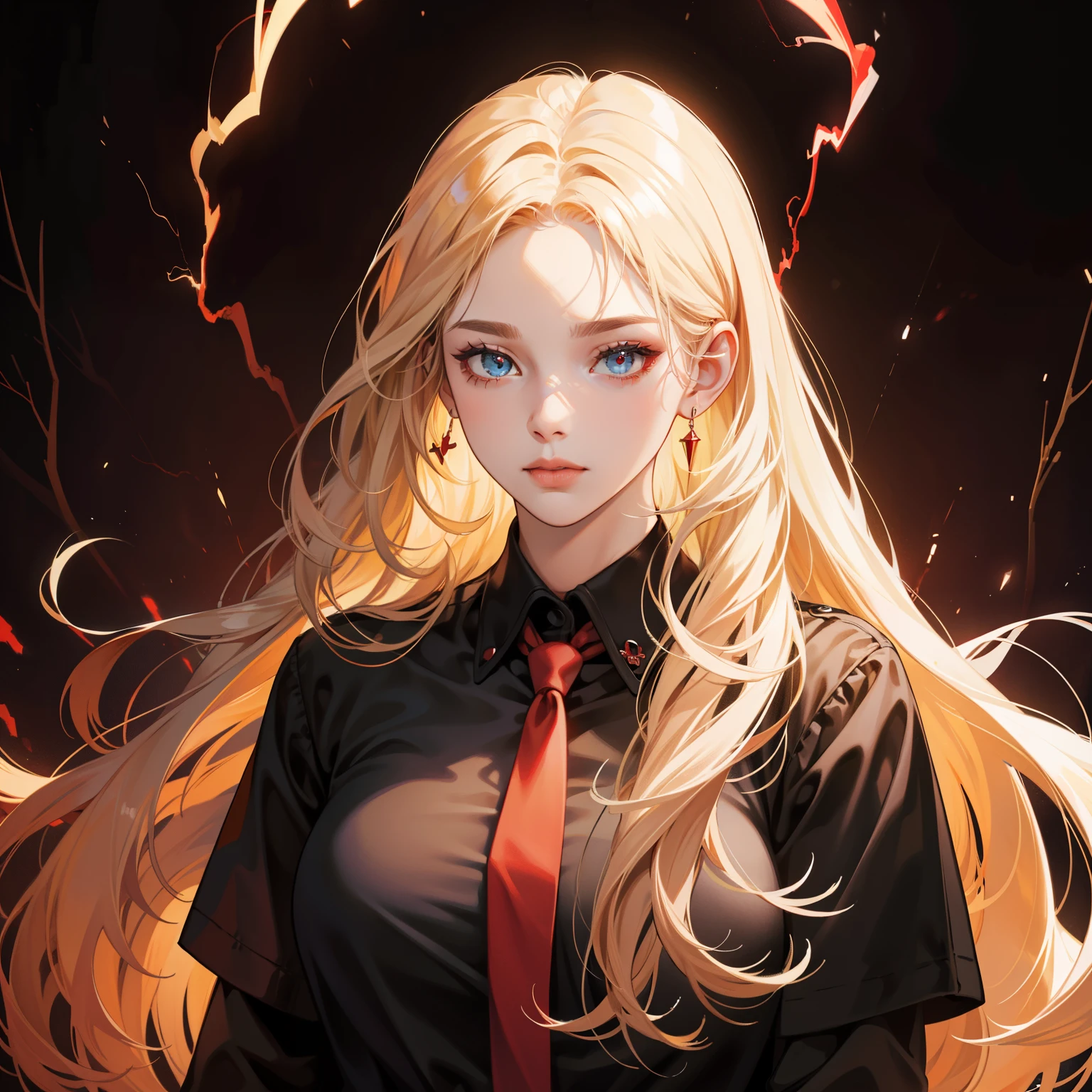 Masterpiece, high quality, best quality, HD, realistic, perfect lighting, detailed body, 1 woman, perfect eyes, long hair, Cream Hair, glowing, Red and black mafia shirt and tie, dark lightning background.