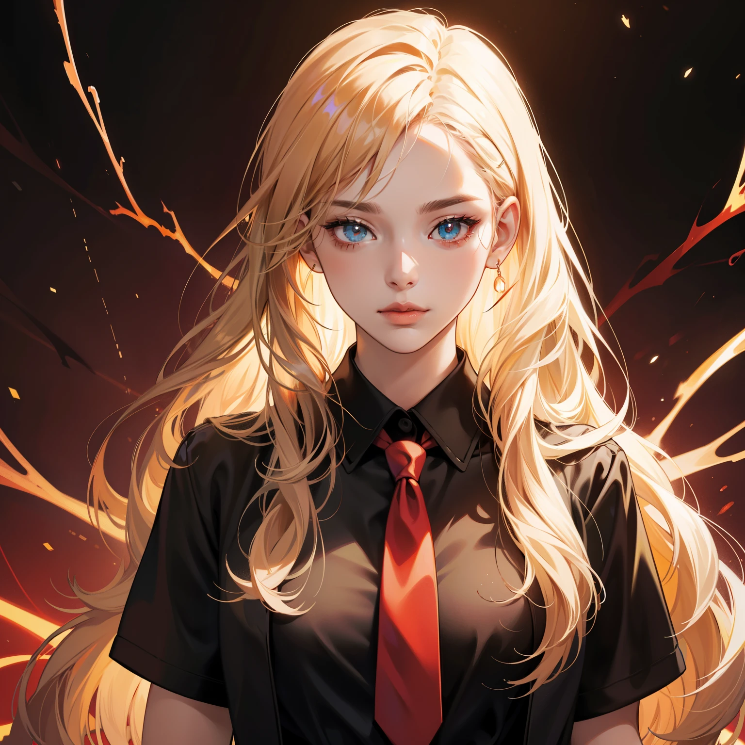 Masterpiece, high quality, best quality, HD, realistic, perfect lighting, detailed body, 1 woman, perfect eyes, long hair, Cream Hair, glowing, Red and black mafia shirt and tie, dark lightning background.
