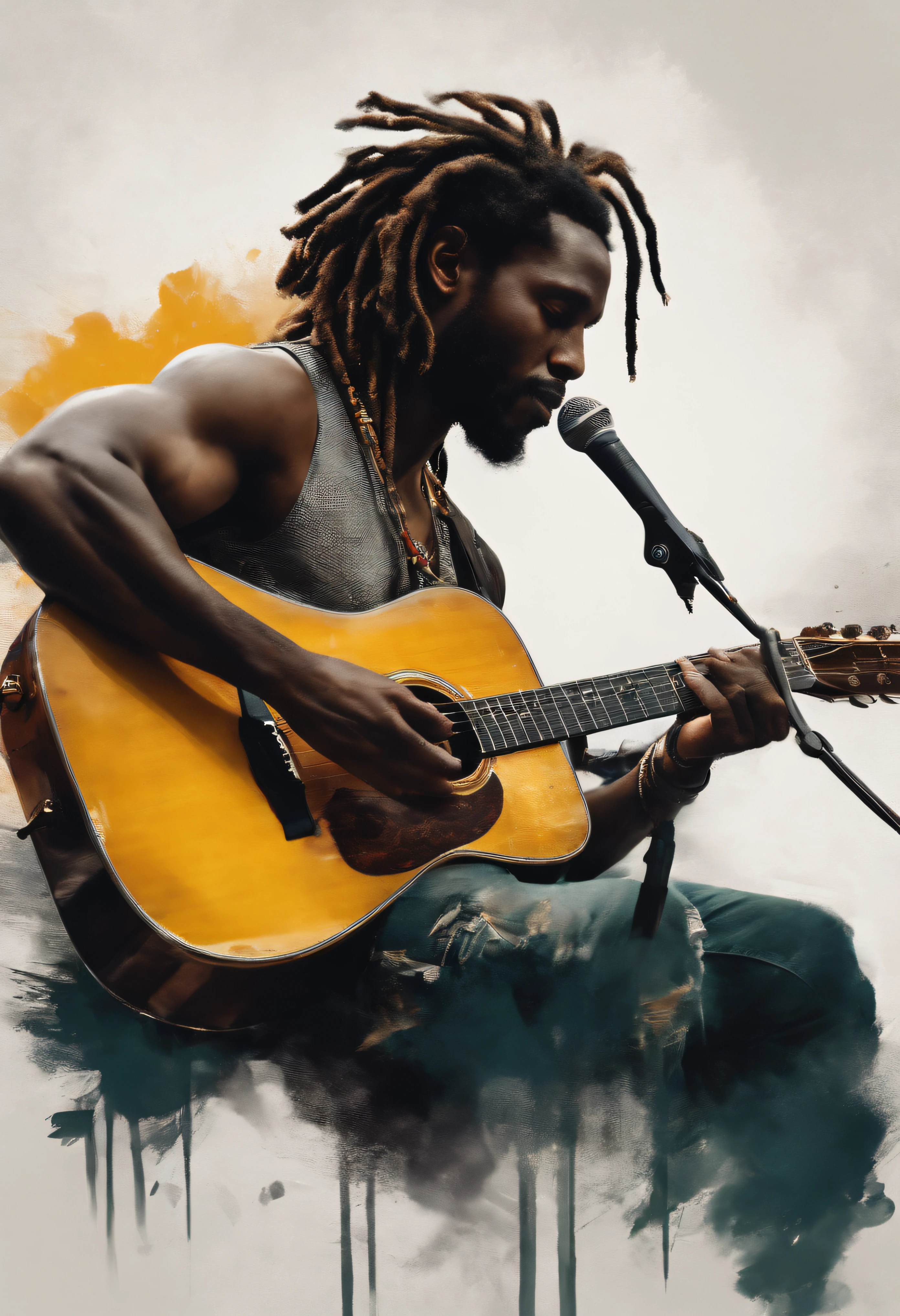 an image of a black man with dreadlocks playing the guitar , Nenhum estilo de Russ Mills, Michael Garmash, charming sketches, mono-ha, Contemporary Asian art, Lilia Alvarado, Pincelada concisa --AR 69:128 --s 750 --V 5. 2, pinceladas nas cores do reggae