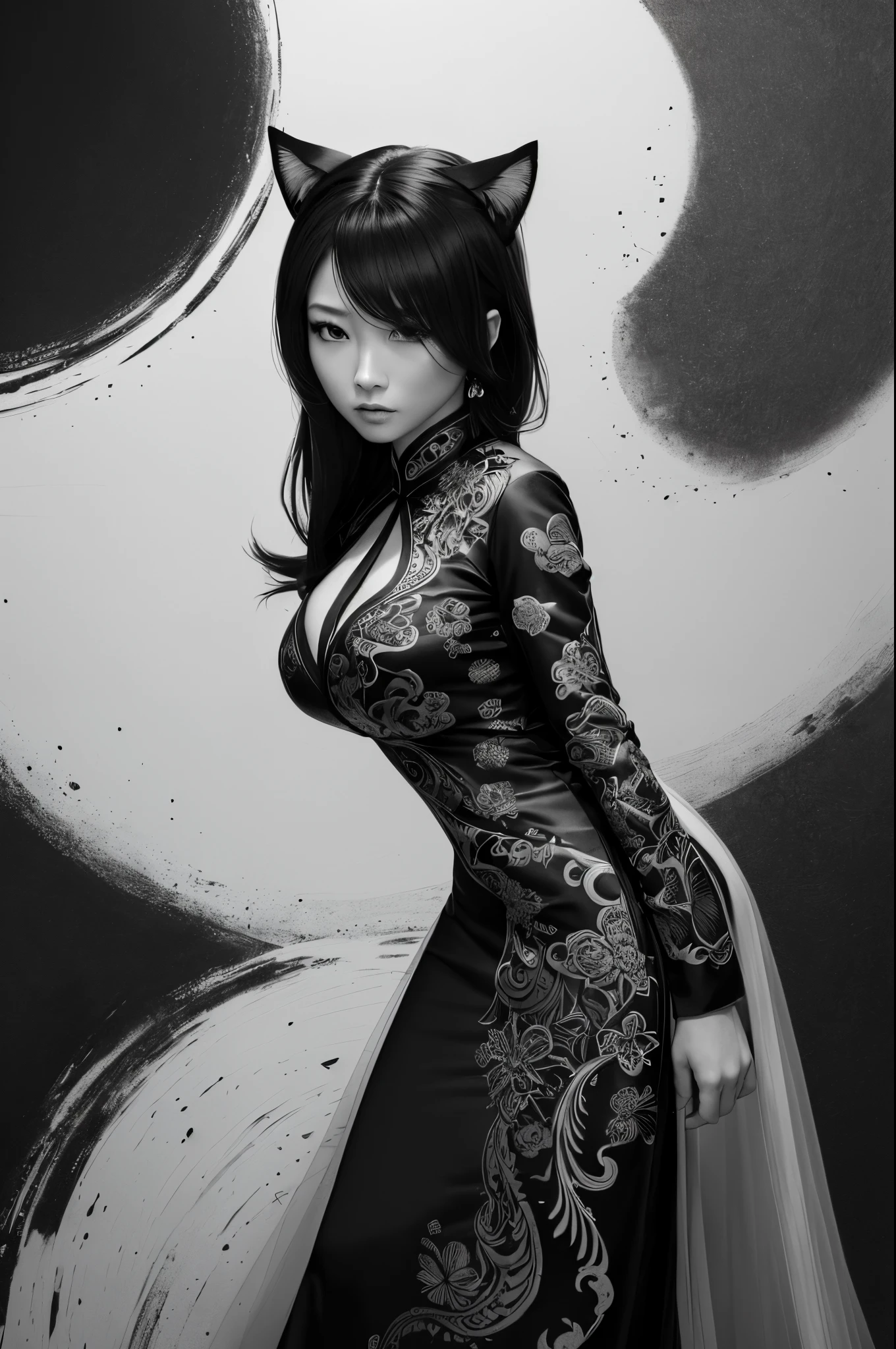 (best quality,4k,8k,highres,masterpiece:1.2),ultra-detailed,(realistic,photorealistic,photo-realistic:1.37),Chinese-style bespoke suit gown,Yakuza girl,backlit,deep shadows,cat silhouette light,dominant cat perched on shoulder,minimalistic and elegant gown,captivating suit design,minimalist style,black and white contrasting Yin-Yang style ink painting background.low color intensity