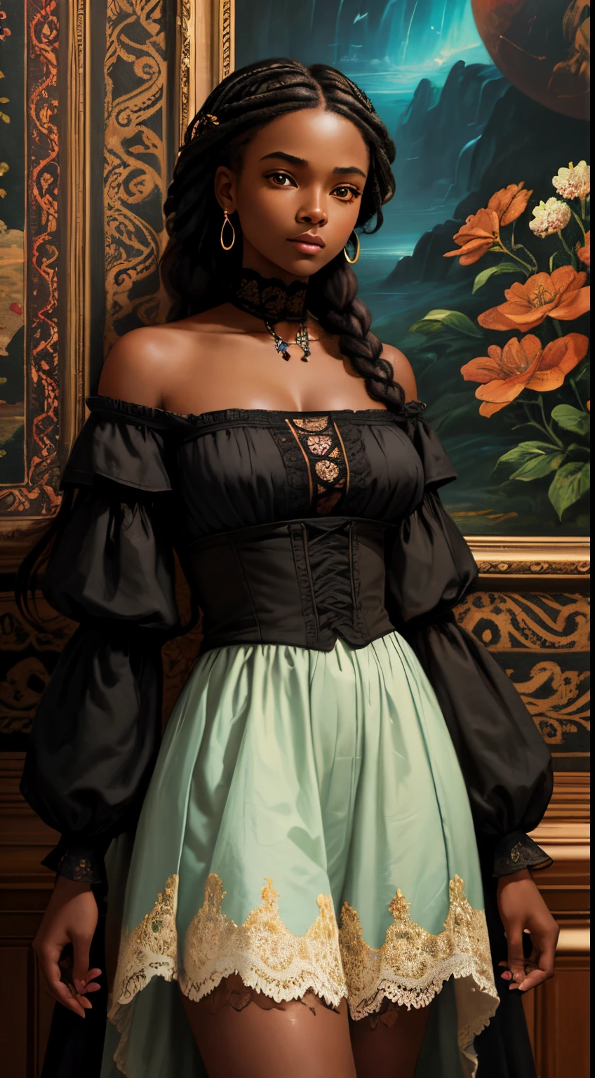 A brief moment of calm, beautiful black woman with cinnamon skintone, dark skin, soft french-braided hair, neutral color lace clothing standing against a painted Victorian tapestry wall of vibrant colors. Photo with bright peach and dark cyan  , detailed intricate , facing forward, in the style of James Jean and Thomas Kincaid , chiaroscuro, wabi sabi , beautiful, masterpiece, behance winning, oil painting, romanticism