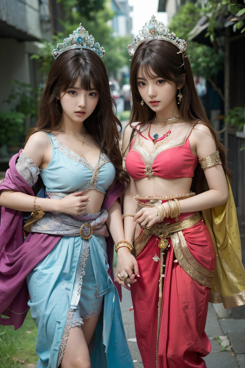 two girls anime who are a devotee of krishna,The proportions are the same for all races, All faces and pictures must be different, ulzzang -6500-v1.1, (Raw photo:1.2), (Photorealsitic), Beautiful detailed, (Real: 1.4), extremely detailed eye and face, beatiful detailed eyes,