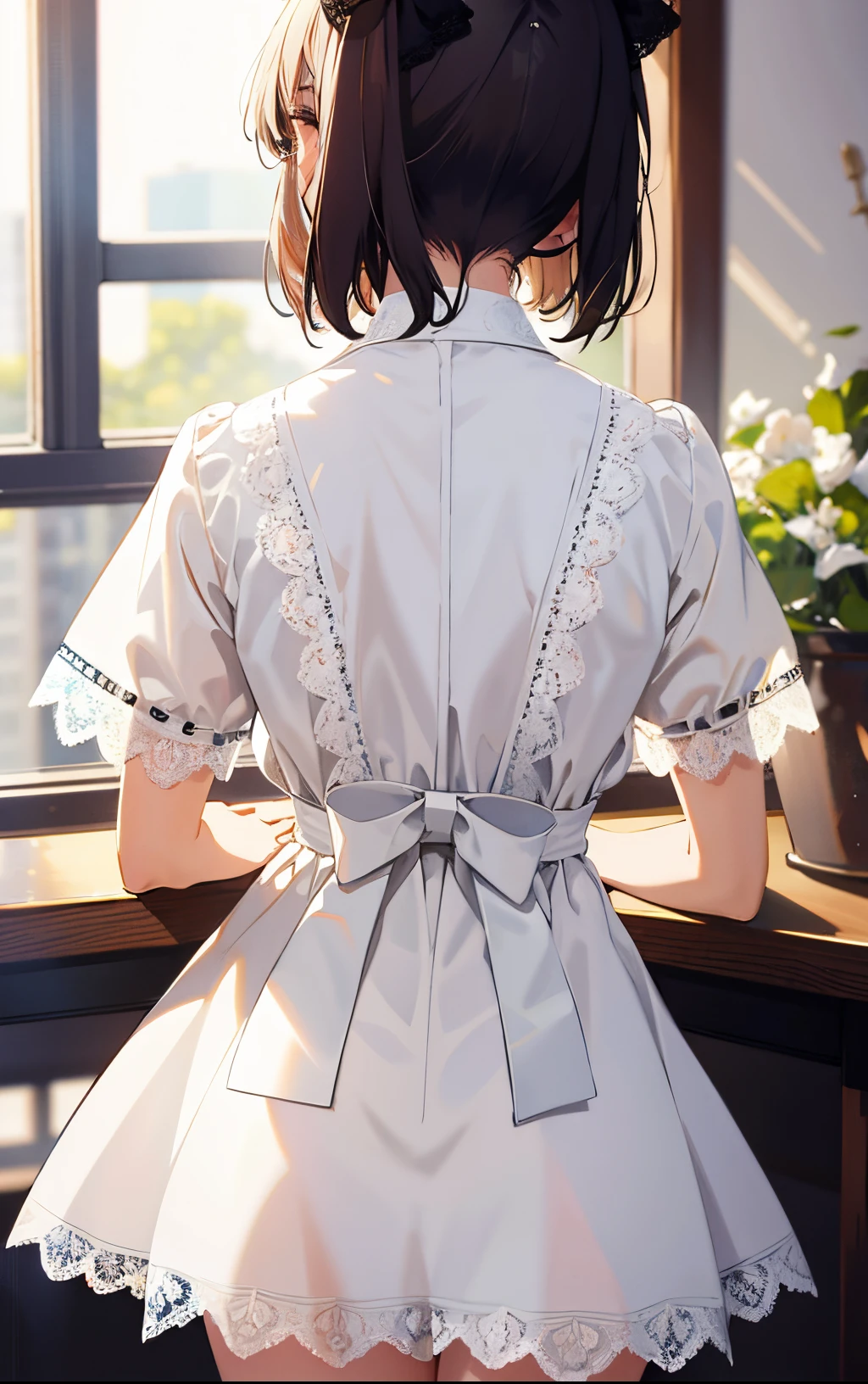 (masterpiece:1.2), best quality, highres, original, (extremely detailed:1.2), ultra-detailed, wallpaper, perfect lighting,(extremely detailed CG:1.2), 8k, anime illustration, HD, 1girl, solo, cute style outfit, short hair, (white dress, knee-length dress, short sleeves:1.22), (lace hemline:1.3), {delicate|thin}rope ribbon on the cuffs, bowknot on waistband:1.3), ({detailed|delicate}fabric:1.2), from behind, close-up, back-angle, unity 4k