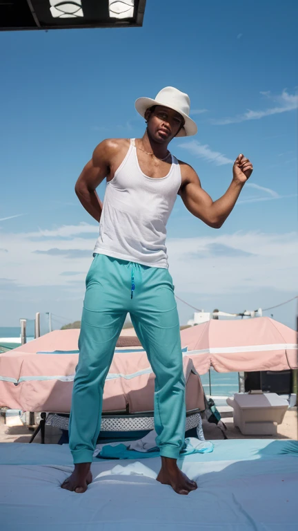 He is a man wearing a white hat and wearing a short-sleeved white t-shirt then he wears turquoise green sleeping pants and he has dark brown skin and he