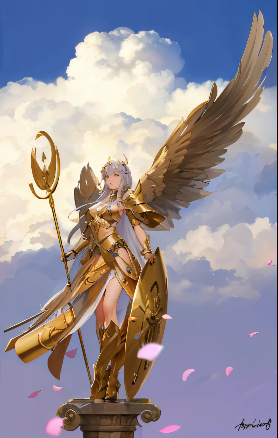 a painting of a woman with a golden angel holding a spear, Armadura Dourada Angelical, menina do cavaleiro do anjo, tall female angel, Anjo majestoso de corpo inteiro, as a mystical valkyrie, O Deus Atena, mystical valkyrie, deusa anime, Deusa Dourada Atena, arcanjo, por Yang J, Serafim, knights of zodiac girl, angel in plastic armor, Arqueiro alado