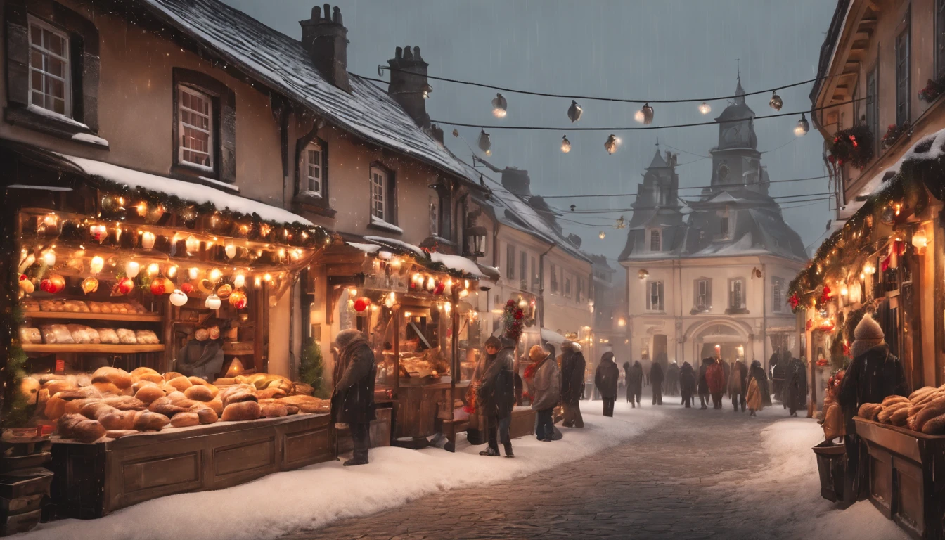 Breathtaking cinematic photo of a real Hyperrealistic christmas landscape photo of a village covered with snow in the ethereal mist,((snow is falling)), ((Christmas street vendors)), ((street lanterns: 1.8)), (((people walking on the street))), (((bakery, confectionery, shops))) with illuminated windows, ,vivid colors, extremely high-resolution details, photorealism, realistic lifelike textures, masterpiece, best quality, photograph, intricate details, sharp focus, photography, photorealism, photorealistic, 8k, volumetric light, (intricate details), (hyperdetailed), hdr, high detailed, high quality, soft cinematic light, dramatic atmosphere, atmospheric perspective, ultra realistic, neutral colors, cinematic lighting, sharp focus, wide angle, film grain, dslr, raw photo,