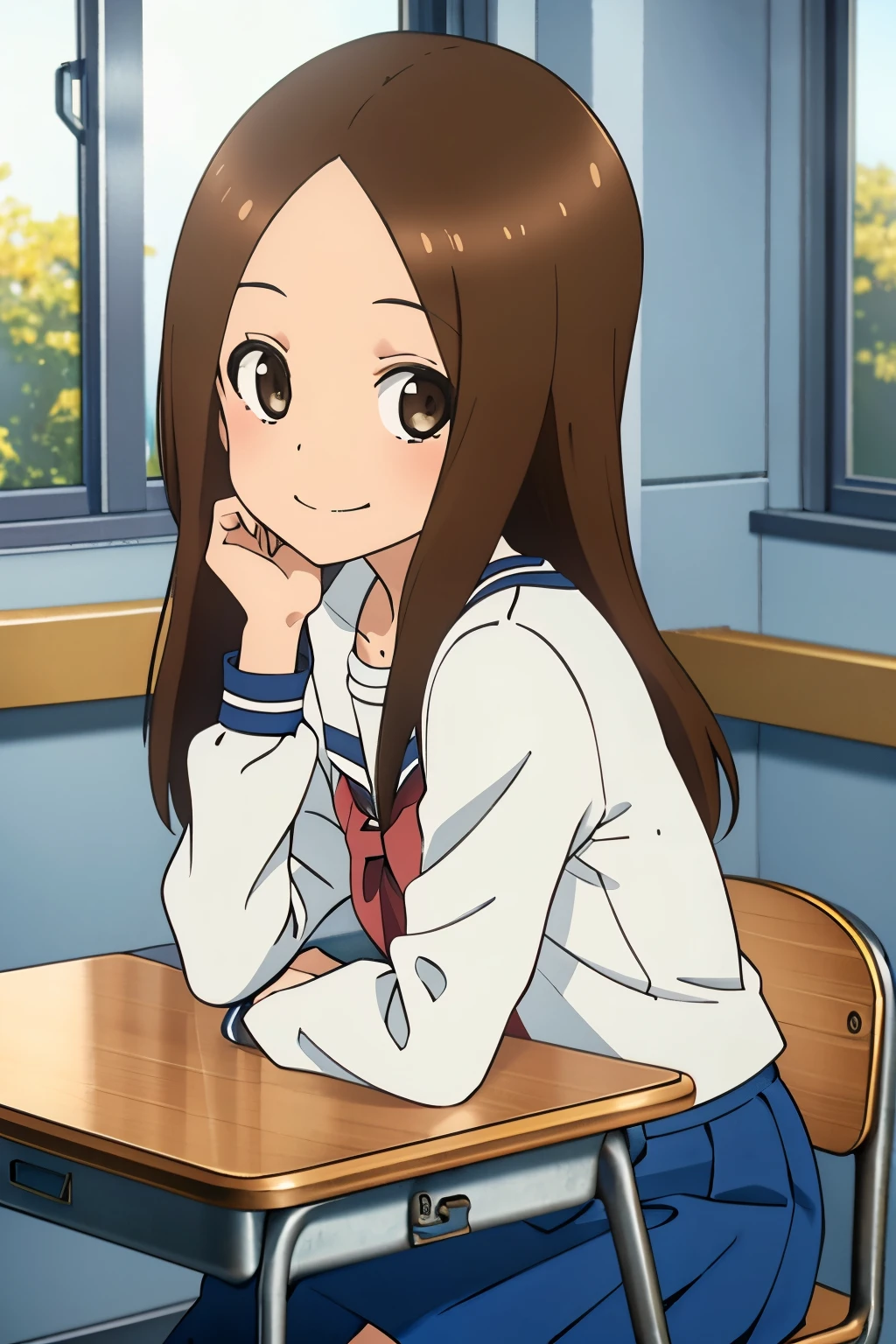 (Realistic), (Photorealistic), Takagi_San, 1girl in, Long hair, ((white long sleeve school shirt)), Brown hair, Part bangs, Brown eyes, large full breasts, cleavage of the breast, White long-sleeved sailor suit, Indigo skirt, satchel, Forehead, Smile, Looking at Viewer, masutepiece, Best Quality, (Colorful), volumatic light, Ray tracing, the Extremely Detailed CG Unity 8K Wallpapers, Smile, ((Sit at the study desk)), (looking at the viewers), Sunny, A classroom bathed in bright sunlight, (extreme close - up:1.), learning forward, Hands up, Elbows on the table, face palm, Side view from left side