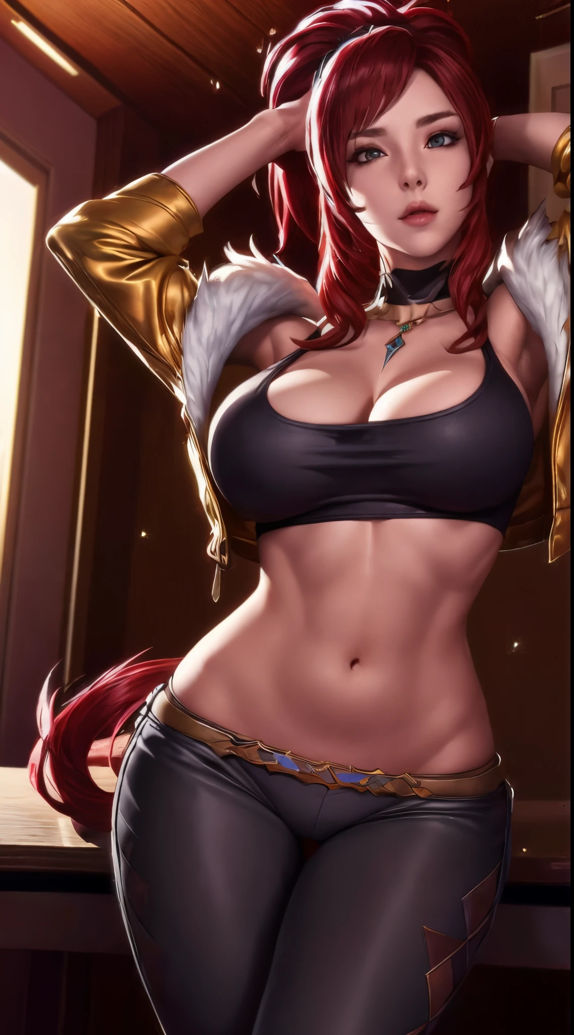 (((Akali kda reputation,pony tails,red hair clothes, choker necklace, awas, cosmetics, hooded, Black cropped top, fur-trim, jaket, mitts, black trouser suit, K/, (league of legend), cropped shoulders,S-shaped body:1.7))),((tmasterpiece)),A high resolution, ((Best quality at best)),tmasterpiece,quality,Best quality,((( exquisite facial features,looking at viewert,There is light in the eyes,Smilingly,Self-confident ))),(((Light and shadow interlace,humongous large breast))),(((1 Sister, dynamicposes, 1 girl, (complete figure:0.9), own,Human body silhouette, ((good body)),the girl poses for a photo,24 years old female model,perfect foot、Have perfect arms behind your back,plum))))