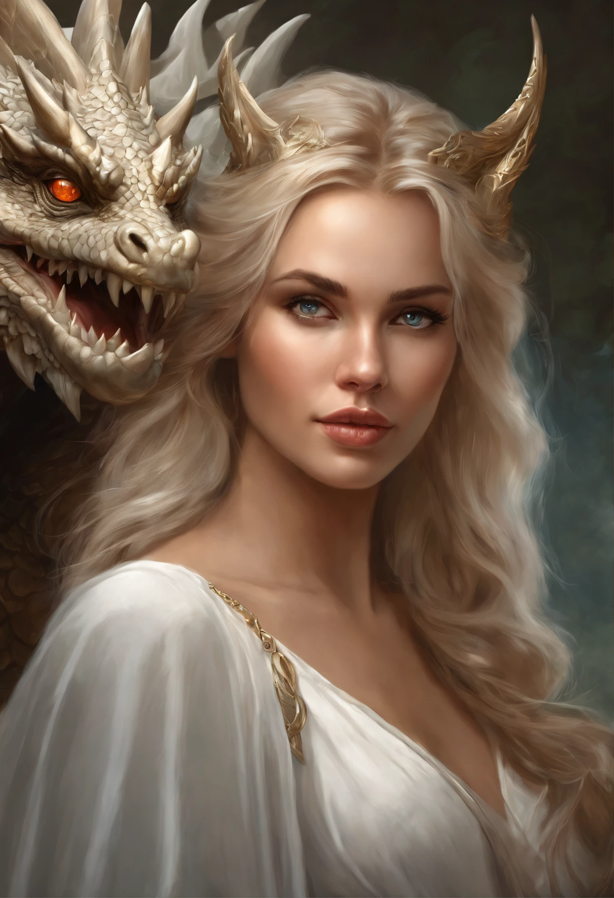 Arafed blonde woman with a dragon head and a white dress, the dragon girl portrait, graphic artist magali villeneuve, realistic fantasy illustration, fantasy art portrait, inspired by Magali Villeneuve, magali villeneuve', Portrait of a Dragon, hyperrealistic fantasy art, fantasy portrait art, Detailed matte fantasy portrait, fantasy portrait, beautiful fantasy art portrait