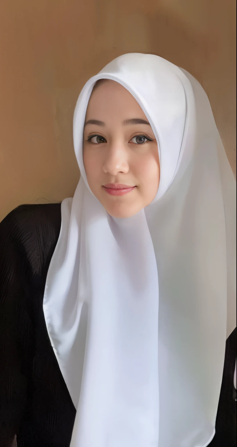 adorable, 1 girl, (face to face), , baby face, happy, half body portrait, (face details: 1), (eye details: 1), ((big breasts)). wearing transparent white long shirt, hijab, .. Cute posed. proportional body. Ultra High Res. realistic: 1.4, UHD, floral pattern