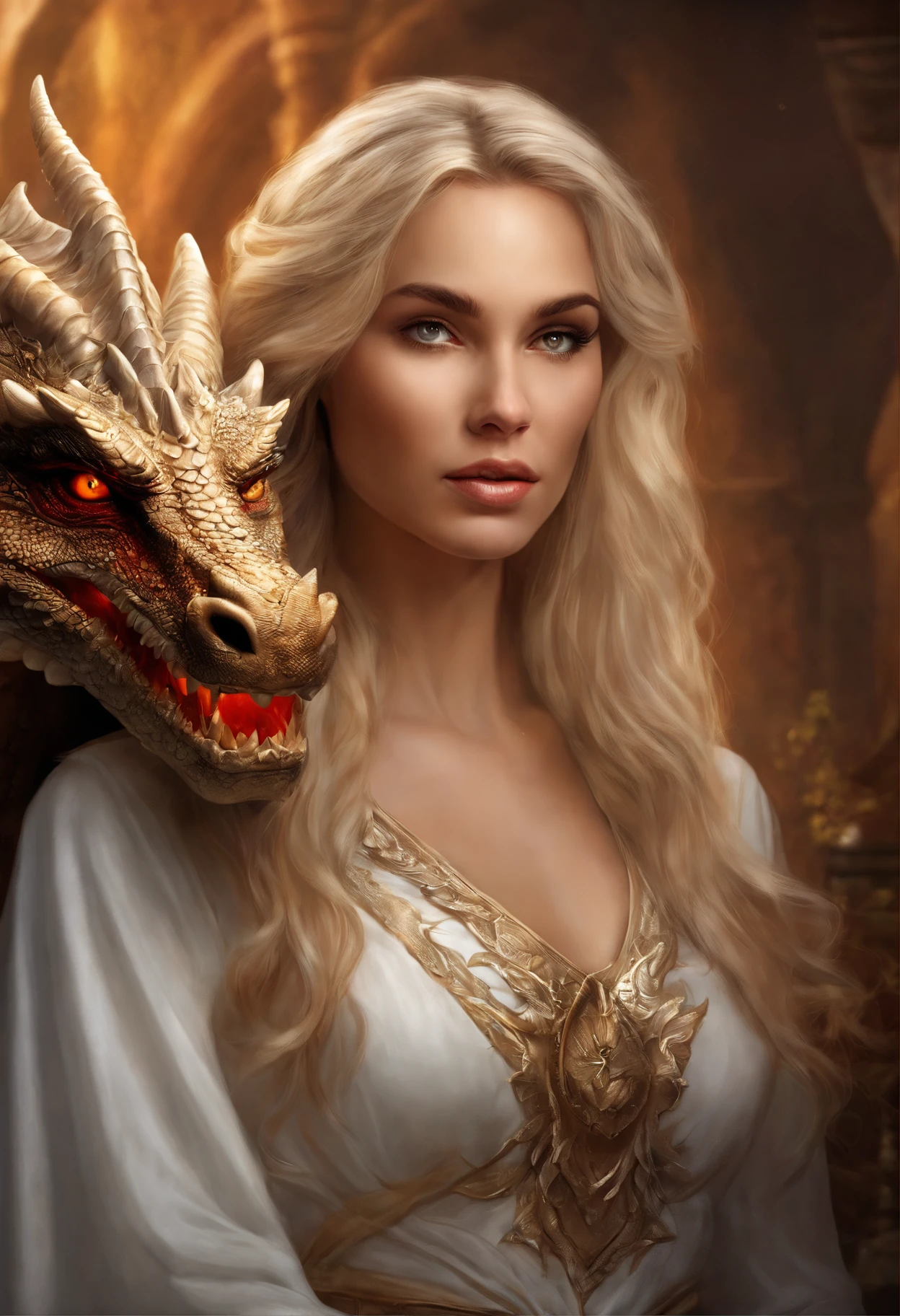 Arafed blonde woman with a dragon head and a white dress, the dragon girl portrait, graphic artist magali villeneuve, realistic fantasy illustration, fantasy art portrait, inspired by Magali Villeneuve, magali villeneuve', Portrait of a Dragon, hyperrealistic fantasy art, fantasy portrait art, Detailed matte fantasy portrait, fantasy portrait, beautiful fantasy art portrait