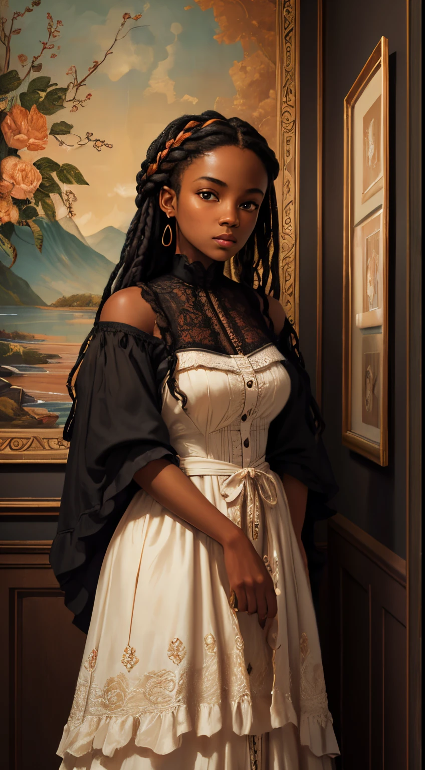 A brief moment of calm, beautiful black woman with cinnamon skintone, dark skin, soft french-braided hair, neutral color lace clothing standing against an abstract painted Victorian tapestry wall of vibrant colors. Photo with bright peach lighting and dark cyan shadows , detailed intricate , facing forward, in the style of James Jean and Thomas Kincaid , chiaroscuro, wabi sabi , beautiful, masterpiece, behance winning, oil painting, romanticism