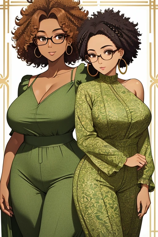 masutepiece, Best Quality),Detailed face, Detailed eyes, glasses afro、Forehead、large earring、 Curly hair, Large breasts, Big butt、Plump、Elegant woman, moss green jumpsuit, off shoulders、Wide pants、Full body