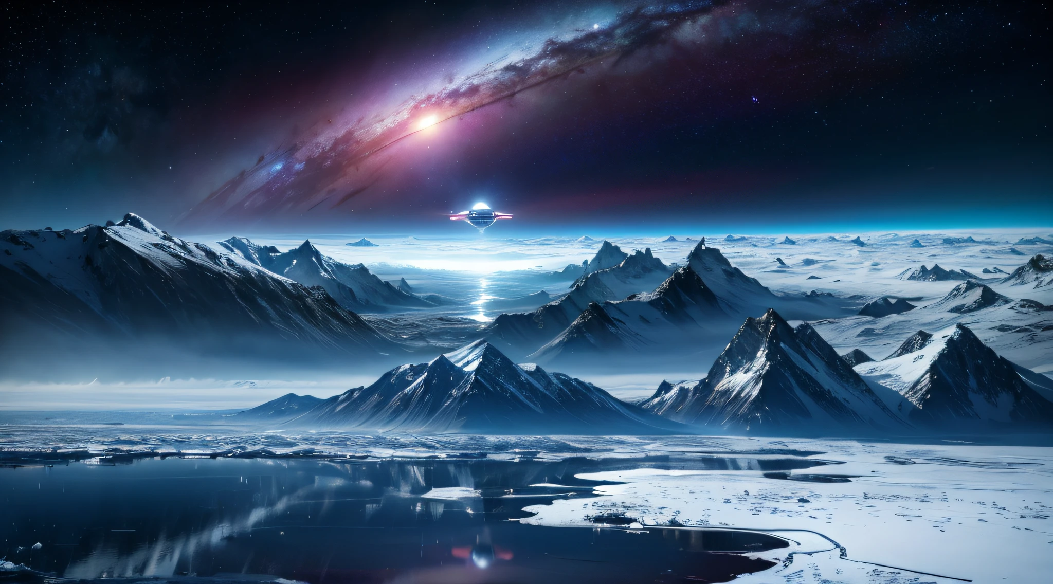hyper realisitc　best view future city，Photoquality，Extremely high level of detail，There is a spaceship floating in the sky，Colors come in many colors，4k HD Sony 3.0 in the arctic，A space battleship was teleported through a wormhole and fell from the sky.，above the glacier