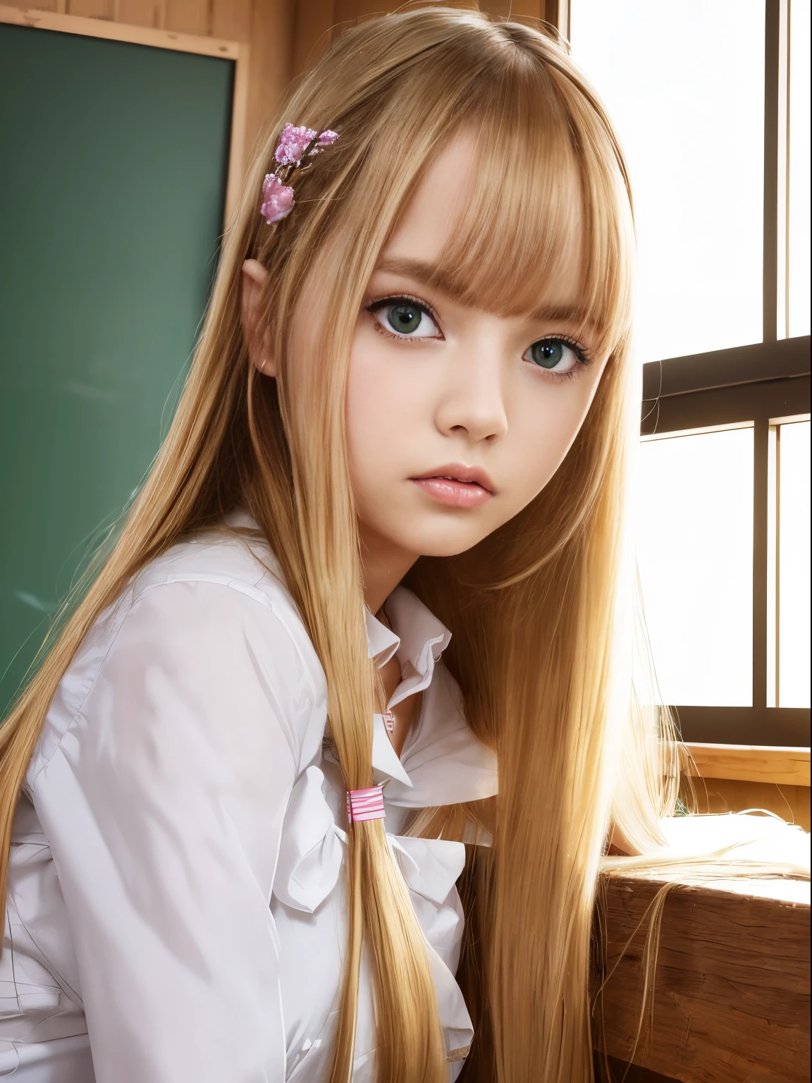 (8k, RAW photo, best quality, masterpiece:1.2), (realistic, photo-realistic:1.2), (ultra highres), (ultra detailed), absurdres,
1girl, green eyes, frilled, ((serafuku)), blonde hair, very long hair,background: kyoushitsu, classroom, indoors, school chair, school desk, chalkboard, window, ceiling light, curtains, tree,