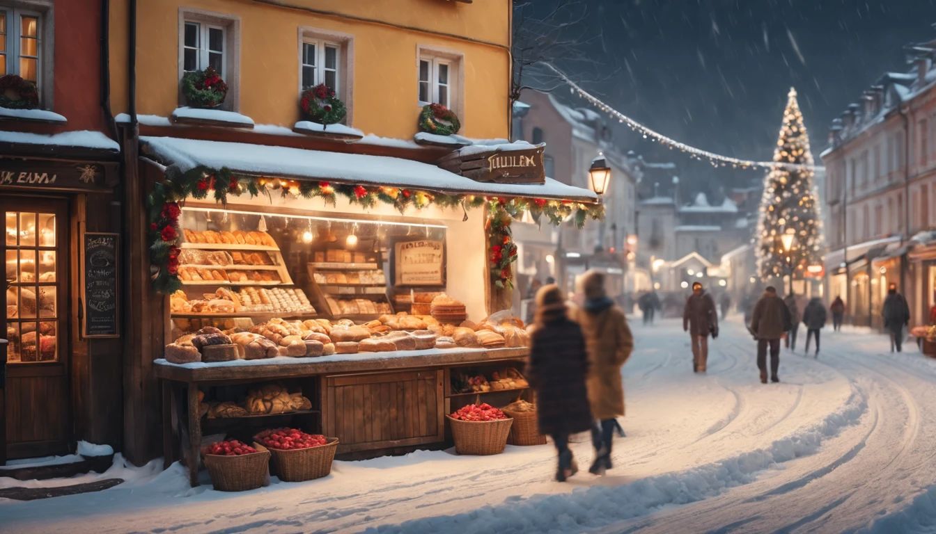 Breathtaking cinematic photo of a real Hyperrealistic christmas landscape photo of a village covered with snow in the ethereal mist at daytime,((snow is falling)), ((Christmas street vendors)), (((people walking on the street))), (((bakery, confectionery, shops))) with illuminated windows, ,vivid colors, extremely high-resolution details, photorealism, realistic lifelike textures, masterpiece, best quality, photograph, intricate details, sharp focus, photography, photorealism, photorealistic, 8k, volumetric light, (intricate details), (hyperdetailed), hdr, high detailed, high quality, soft cinematic light, dramatic atmosphere, atmospheric perspective, ultra realistic, neutral colors, cinematic lighting, sharp focus, wide angle, film grain, dslr, raw photo,
