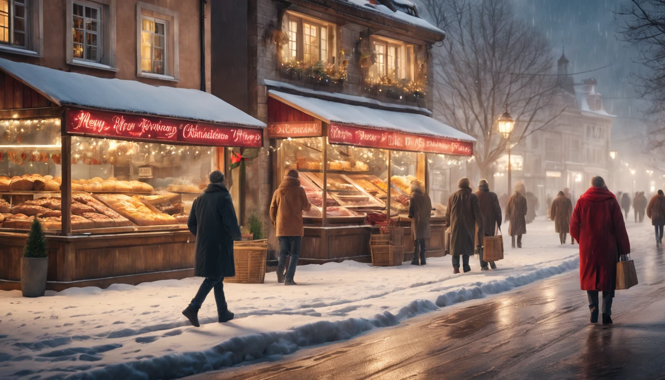 Breathtaking cinematic photo of a real Hyperrealistic christmas landscape photo of a village covered with snow in the ethereal mist at daytime,((snow is falling)), ((Christmas street vendors)), (((people walking on the street))), (((bakery, confectionery, shops))) with illuminated windows, ,vivid colors, extremely high-resolution details, photorealism, realistic lifelike textures, masterpiece, best quality, photograph, intricate details, sharp focus, photography, photorealism, photorealistic, 8k, volumetric light, (intricate details), (hyperdetailed), hdr, high detailed, high quality, soft cinematic light, dramatic atmosphere, atmospheric perspective, ultra realistic, neutral colors, cinematic lighting, sharp focus, wide angle, film grain, dslr, raw photo,