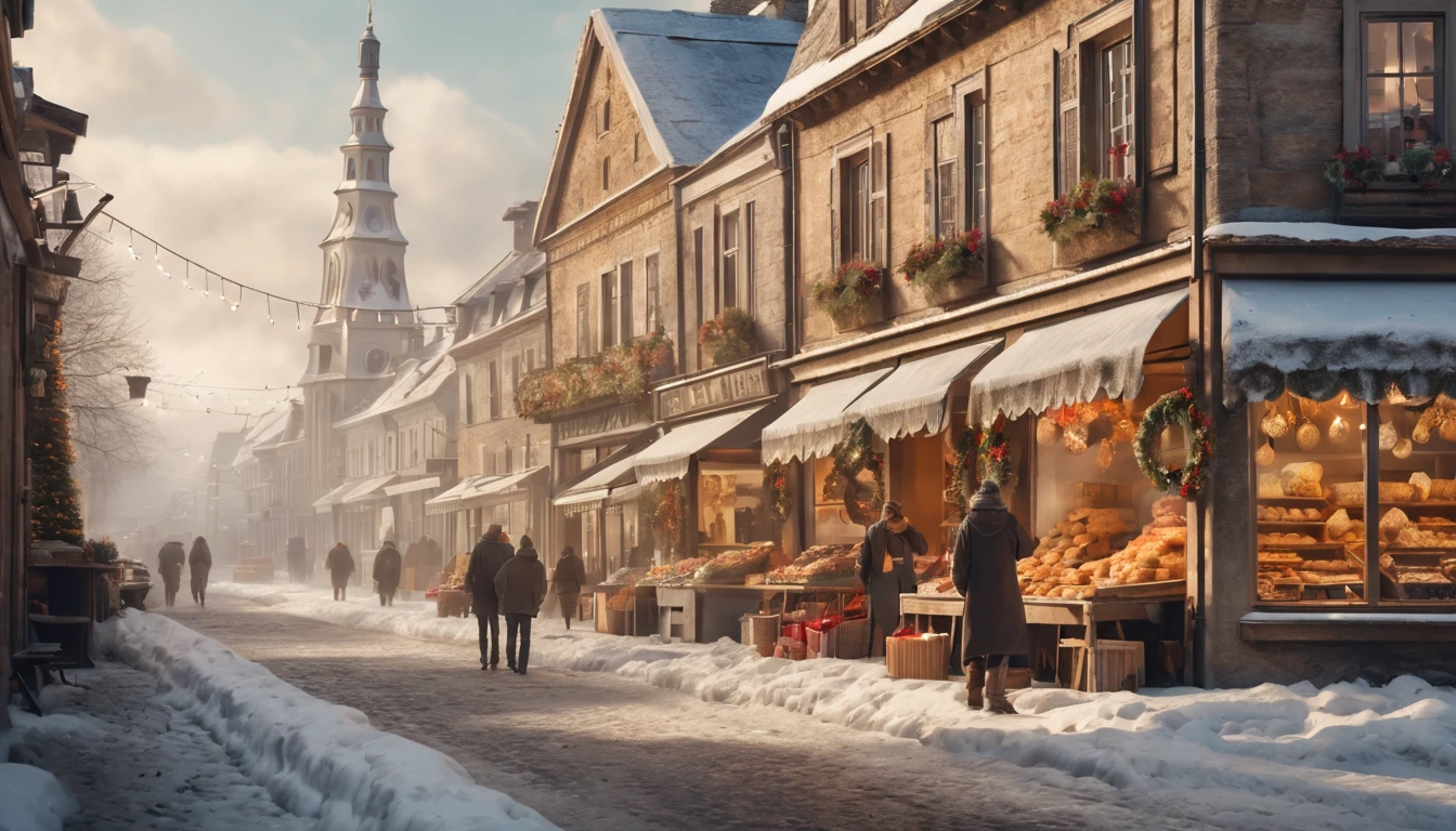 Breathtaking cinematic photo of a real Hyperrealistic christmas landscape photo of a village covered with snow in the ethereal mist at daytime,((snow is falling)), ((Christmas street vendors)), (((people walking on the street))), (((bakery, confectionery, shops))) with illuminated windows, ,vivid colors, extremely high-resolution details, photorealism, realistic lifelike textures, masterpiece, best quality, photograph, intricate details, sharp focus, photography, photorealism, photorealistic, 8k, volumetric light, (intricate details), (hyperdetailed), hdr, high detailed, high quality, soft cinematic light, dramatic atmosphere, atmospheric perspective, ultra realistic, neutral colors, cinematic lighting, sharp focus, wide angle, film grain, dslr, raw photo,