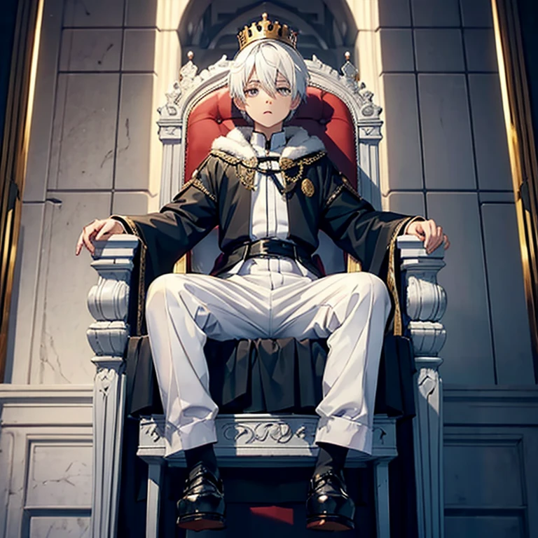 1boy white hair, crown, whole body, sitting on throne
