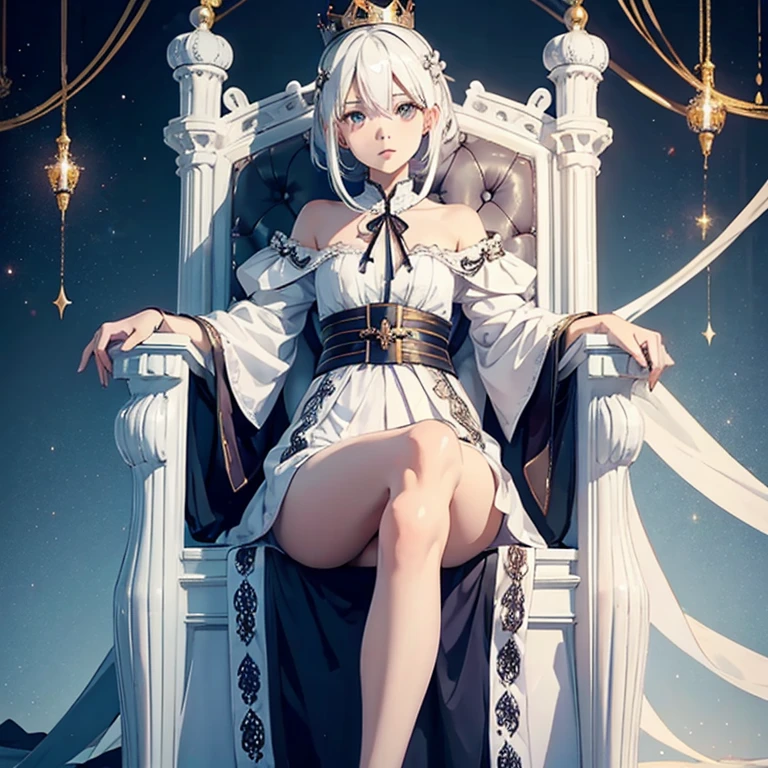 Throne sofa High level image quality best image quality 8K adult woman whole body view portrait pure white long gloves(elbow gloves) white long dress(slit) white wolf ears long hair((shortcut)(gray hair)(perm)(fluffy)) eye color is blue attractive evil face , face detail , smile , sexy pose , labrynth , erotic standing styles , lying forward , view all body from side back , face focus , view 1 leg on table , view barefoot arc