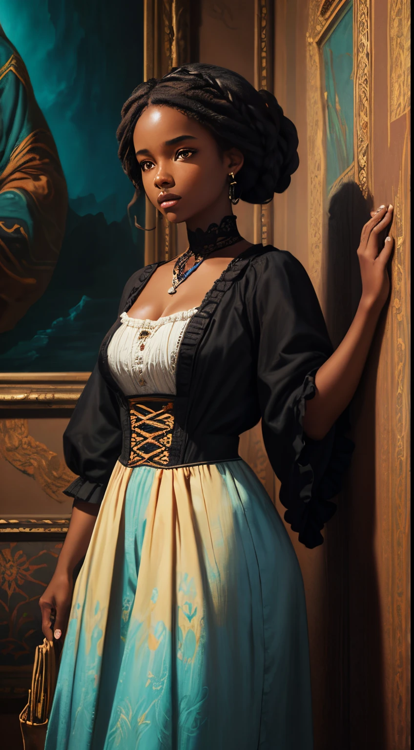 A brief moment of calm, beautiful black woman with cinnamon skintone, dark skin, soft french-braided hair, neutral color lace clothing standing against abstract painted Victorian tapestry walls of vibrant colors. Photo with bright peach and dark cyan  , detailed intricate , facing forward, in the style of James Jean and Thomas Kincaid , chiaroscuro, wabi sabi , beautiful, masterpiece, behance winning, oil painting, romanticism