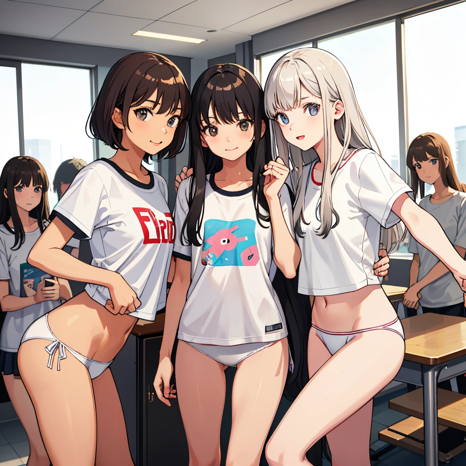 (masterpeace, high quality), multiple girls, petite, 14yo schoolgirls, slim, flat chest, gym locker room, (white panties), white t-shirt, (group selfie), wide angle, soft light